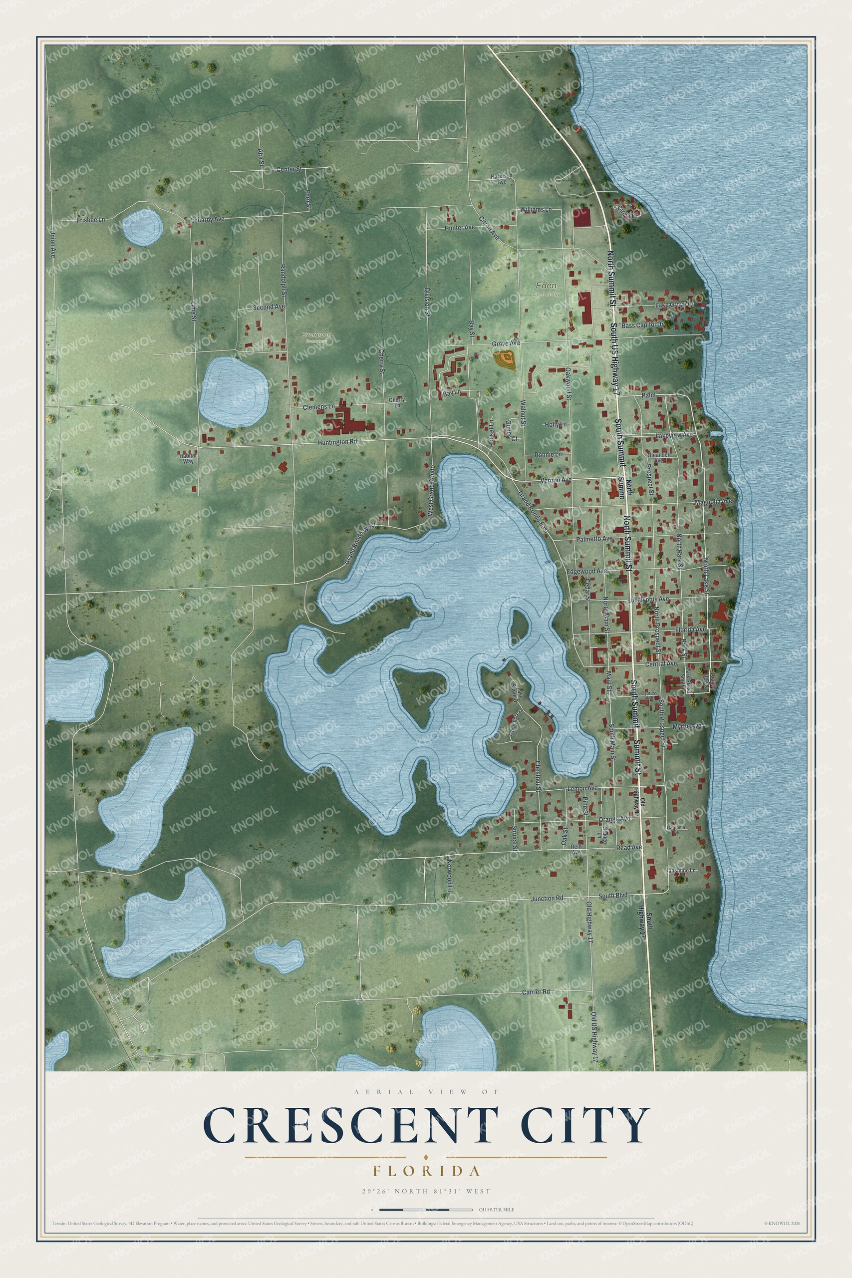 Map of Crescent City, Florida, with Summit Street and Vernon Avenue