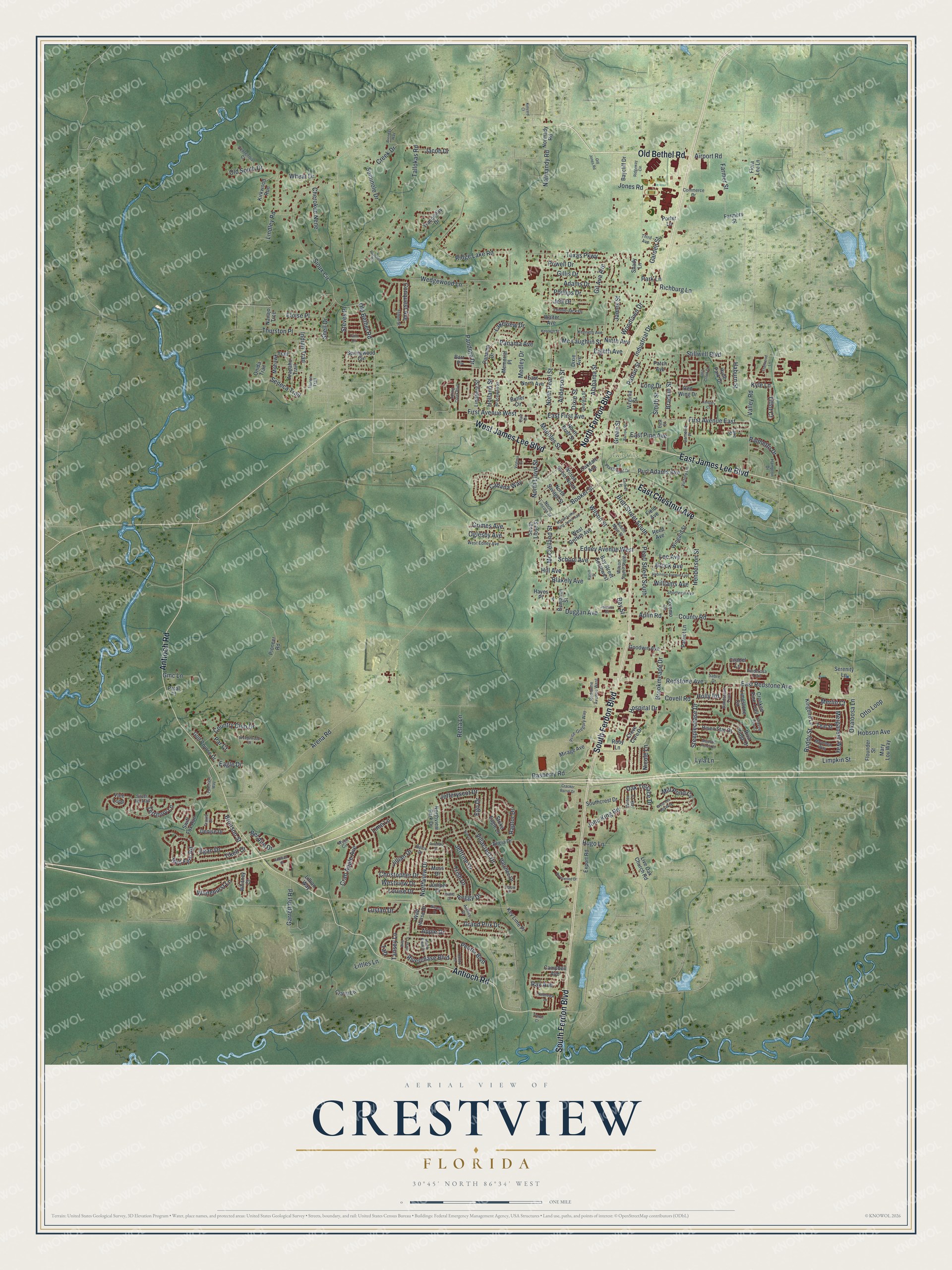 Map of Crestview, Florida, with Ferdon Boulevard and Twin Hills Park