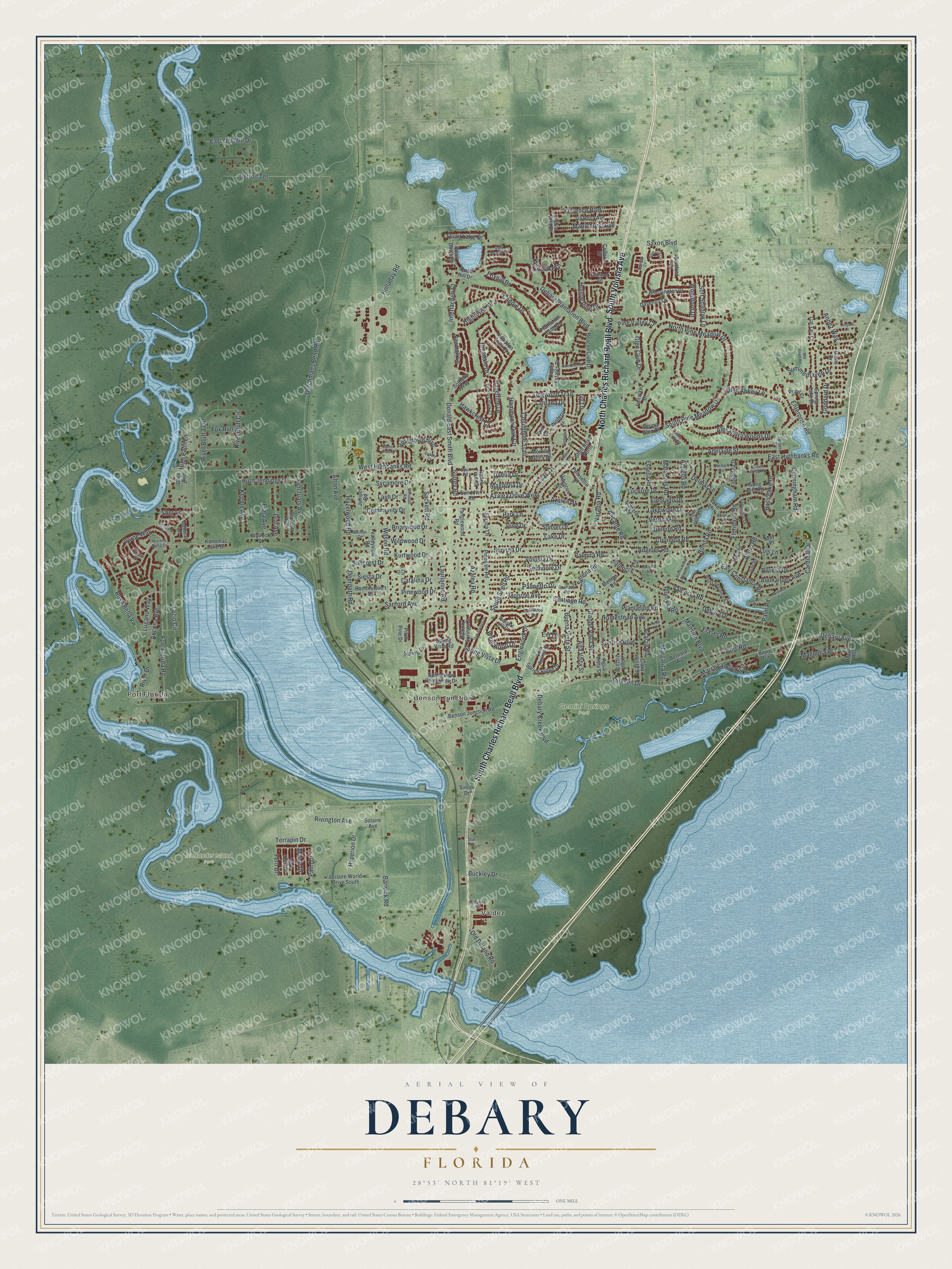 Map of DeBary, Florida, with Charles Richard Beall Boulevard and Gemini Springs Park