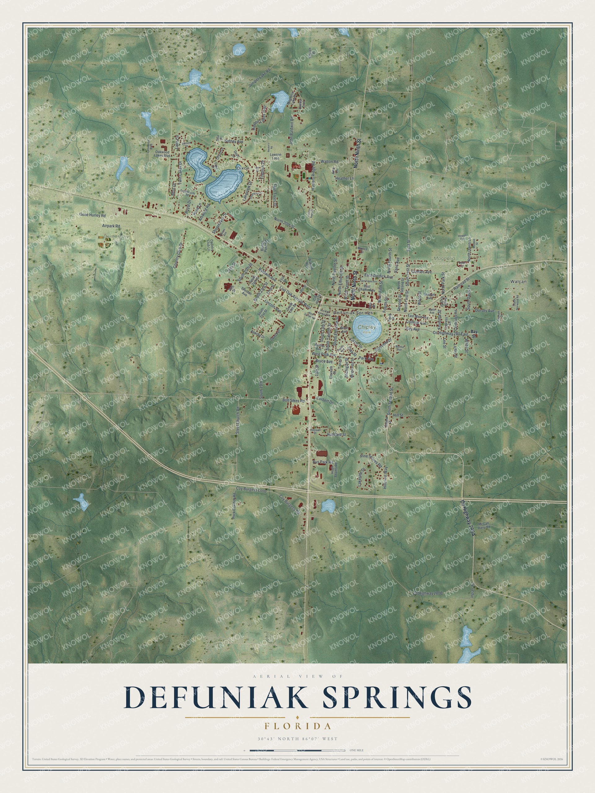 Map of DeFuniak Springs, Florida, with Circle Drive and Chipley Park