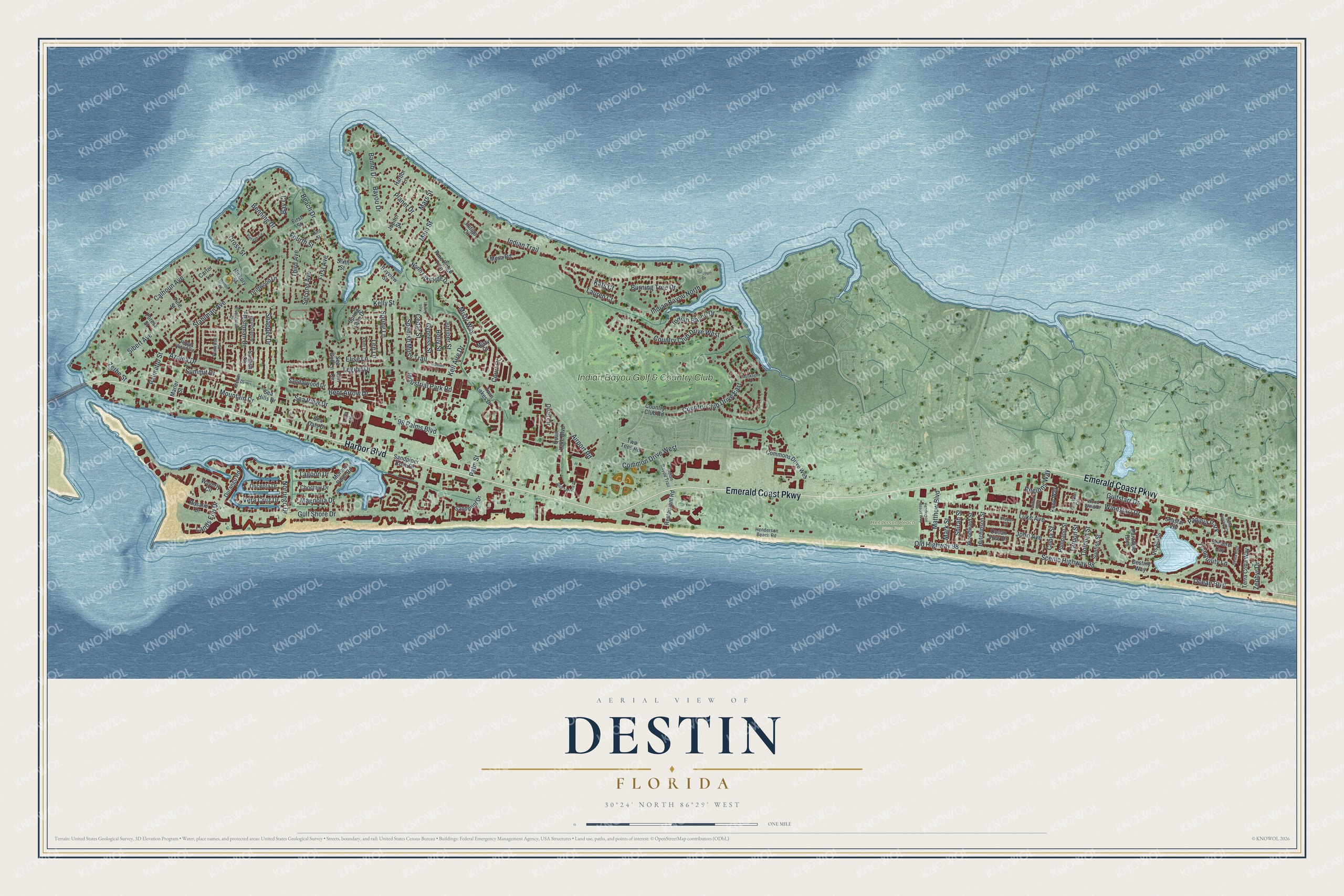 Map of Destin, Florida, with Emerald Coast Parkway, Harbor Boulevard and Henderson Beach State Park