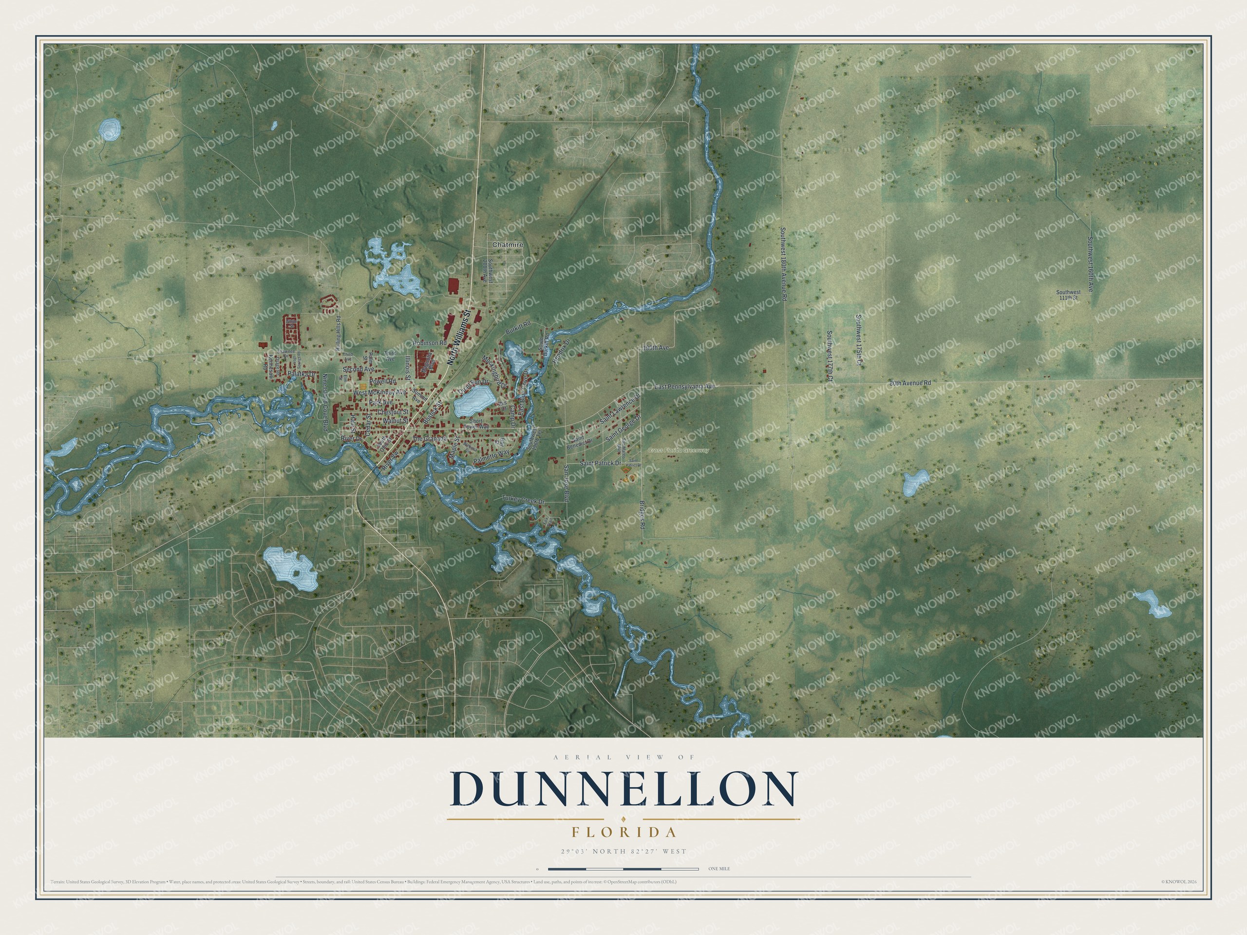 Map of Dunnellon, Florida, with Pennsylvania Avenue, Williams Street and the Cross Florida Greenway