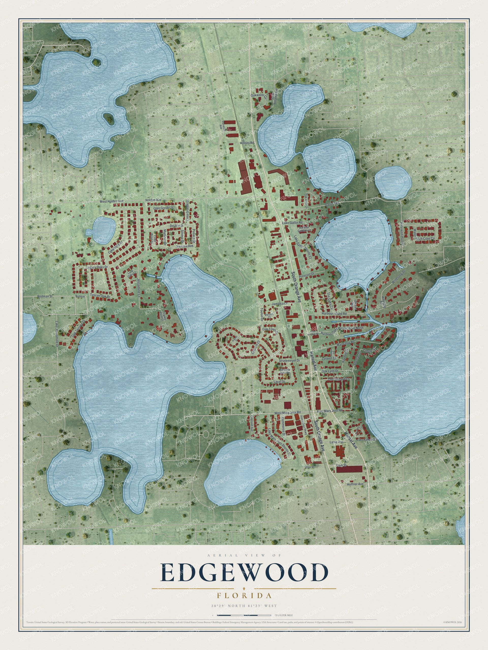 Map of Edgewood, Florida, with Orange Avenue and Mary Jess Road