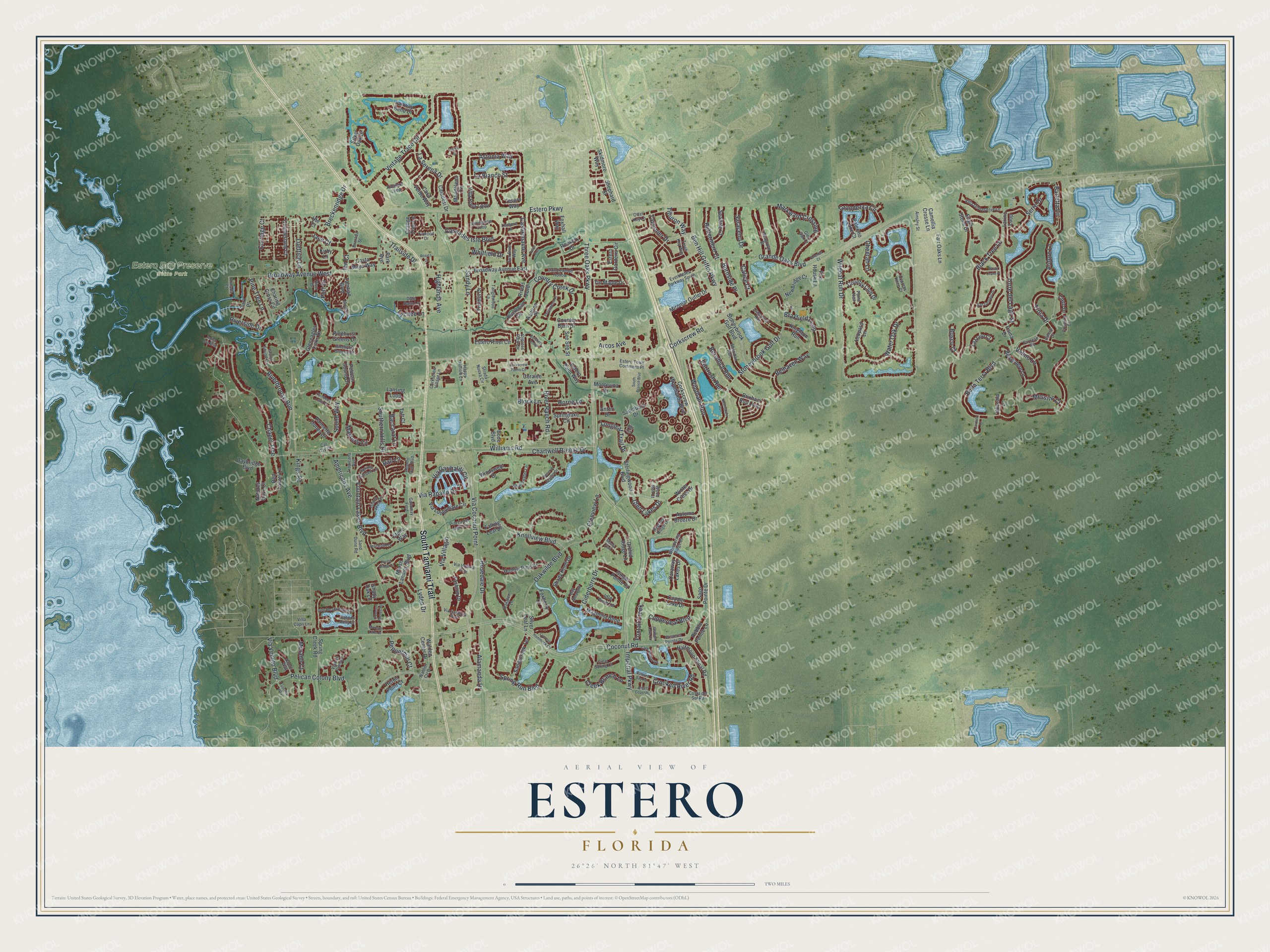 Map of Estero, Florida, with Tamiami Trail, Corkscrew Road and Estero Bay Preserve State Park