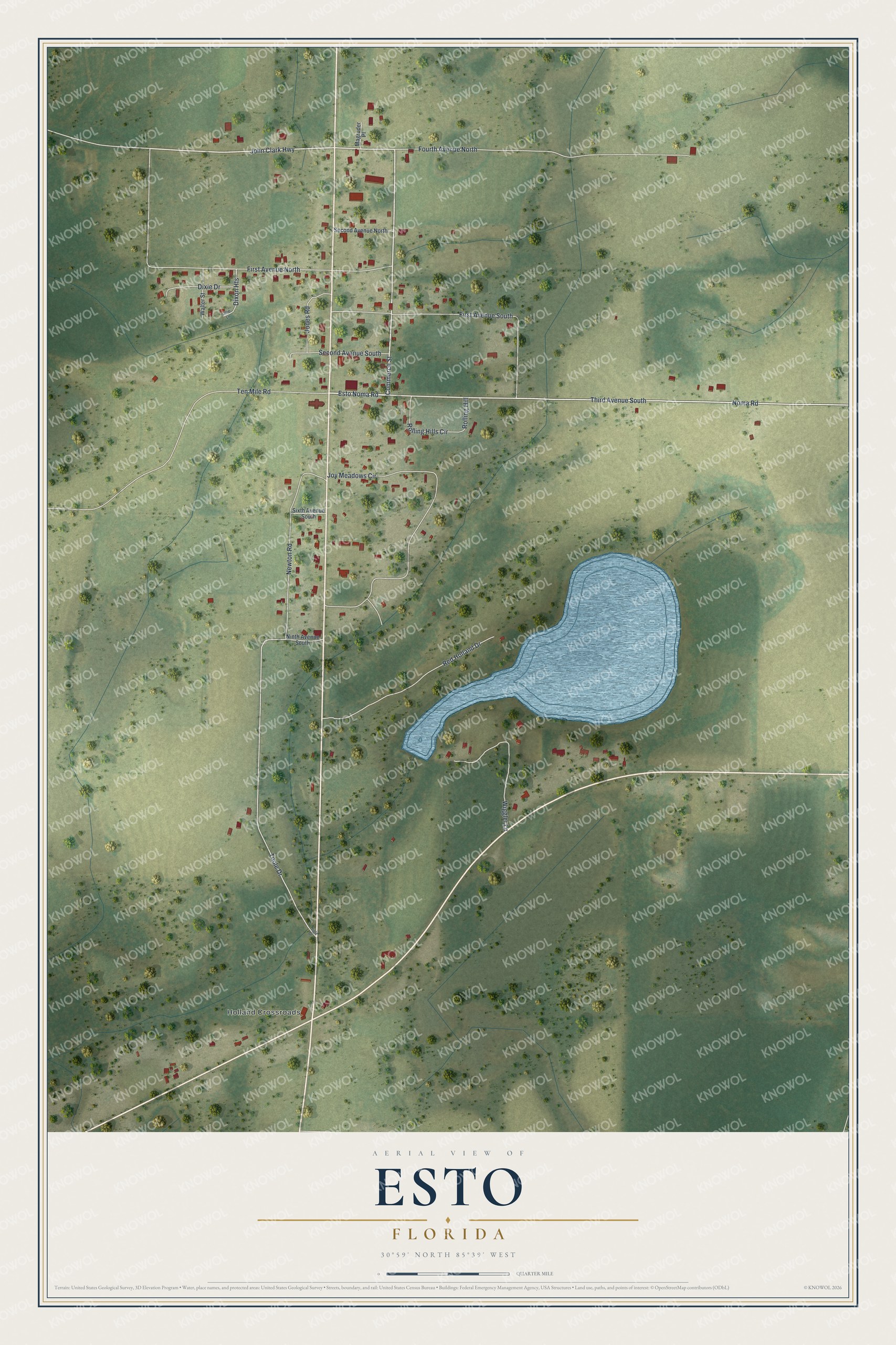 Map of Esto, Florida, with Commerce Street, Esto Noma Road and Holland Crossroads