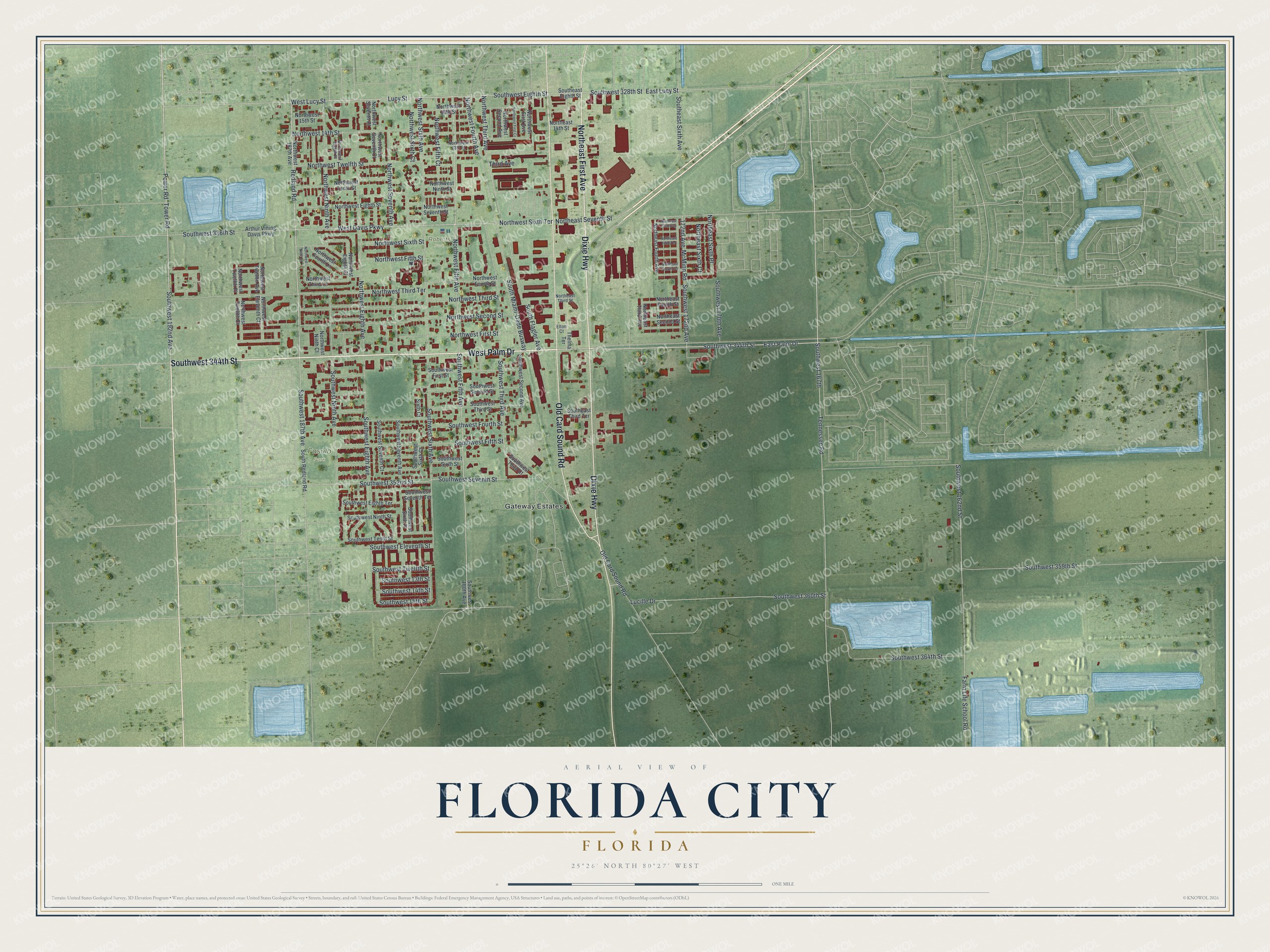Map of Florida City, Florida, with Palm Drive, Redland Road and Gateway Estates