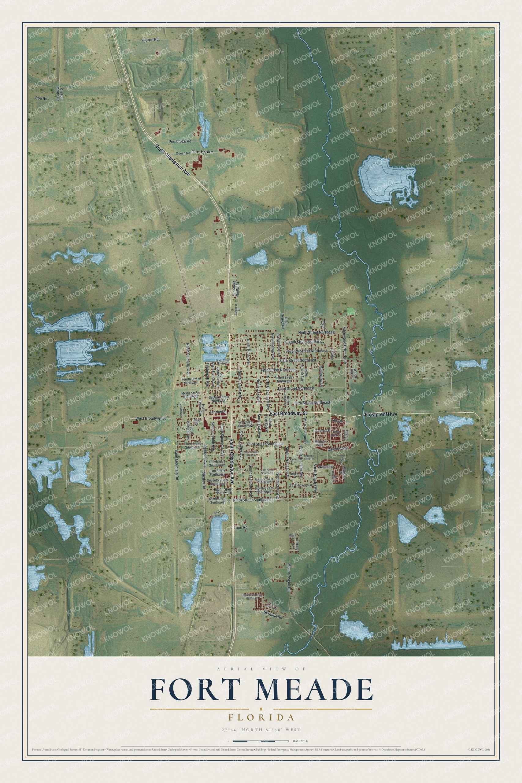 Map of Fort Meade, Florida, with Broadway Street, Charleston Avenue and Patterson Park