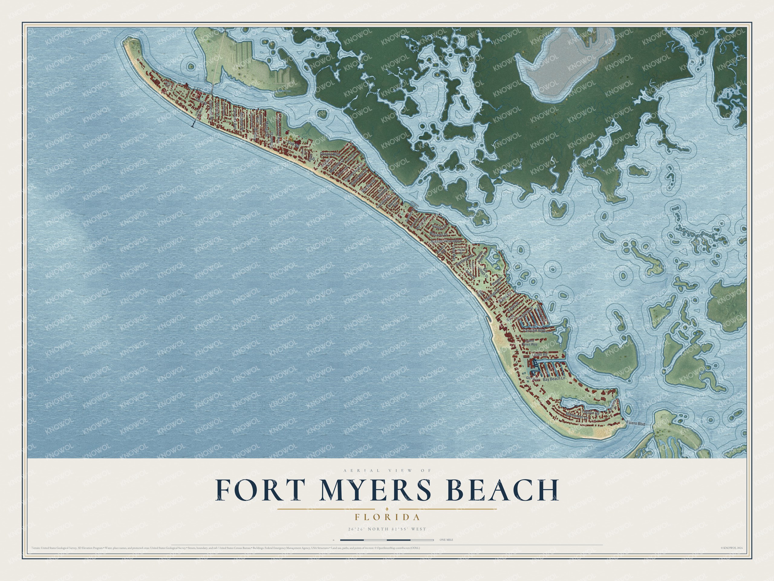 Map of Fort Myers Beach, Florida, with Estero Boulevard, Crescent Street and Connecticut Street