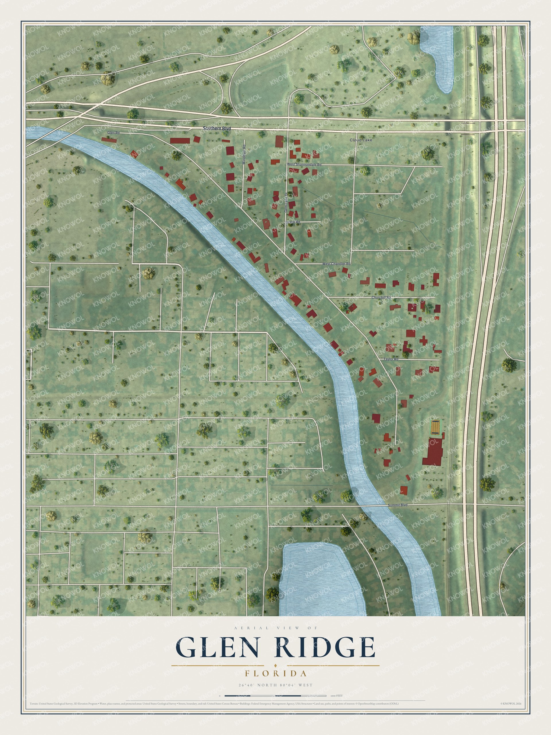 Map of Glen Ridge, Florida, with Southern Boulevard, Glen Road and Cloud Lake