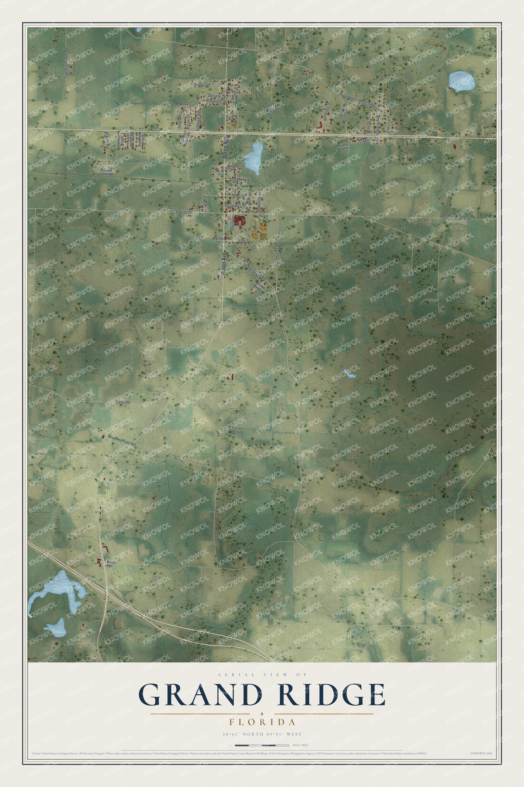 Map of Grand Ridge, Florida, with Porter Avenue, Old Spanish Trail and Providence Church Road