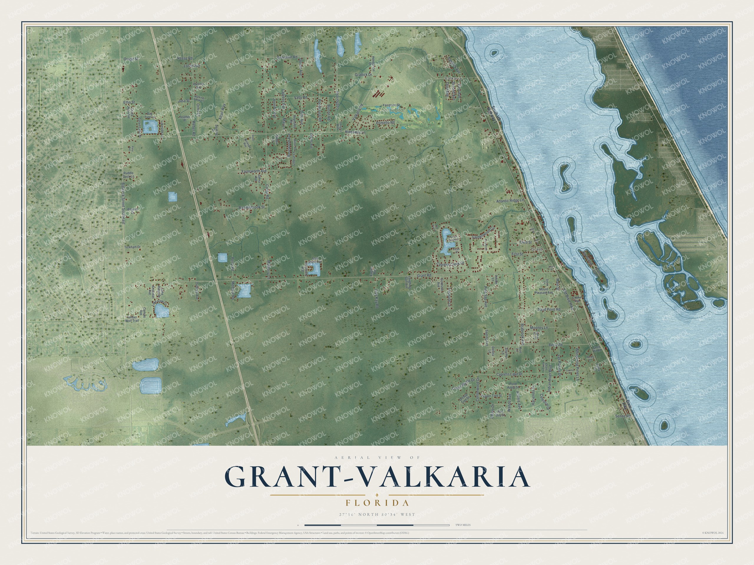 Map of Grant-Valkaria, Florida, with Dixie Highway, Valkaria Road and Grant