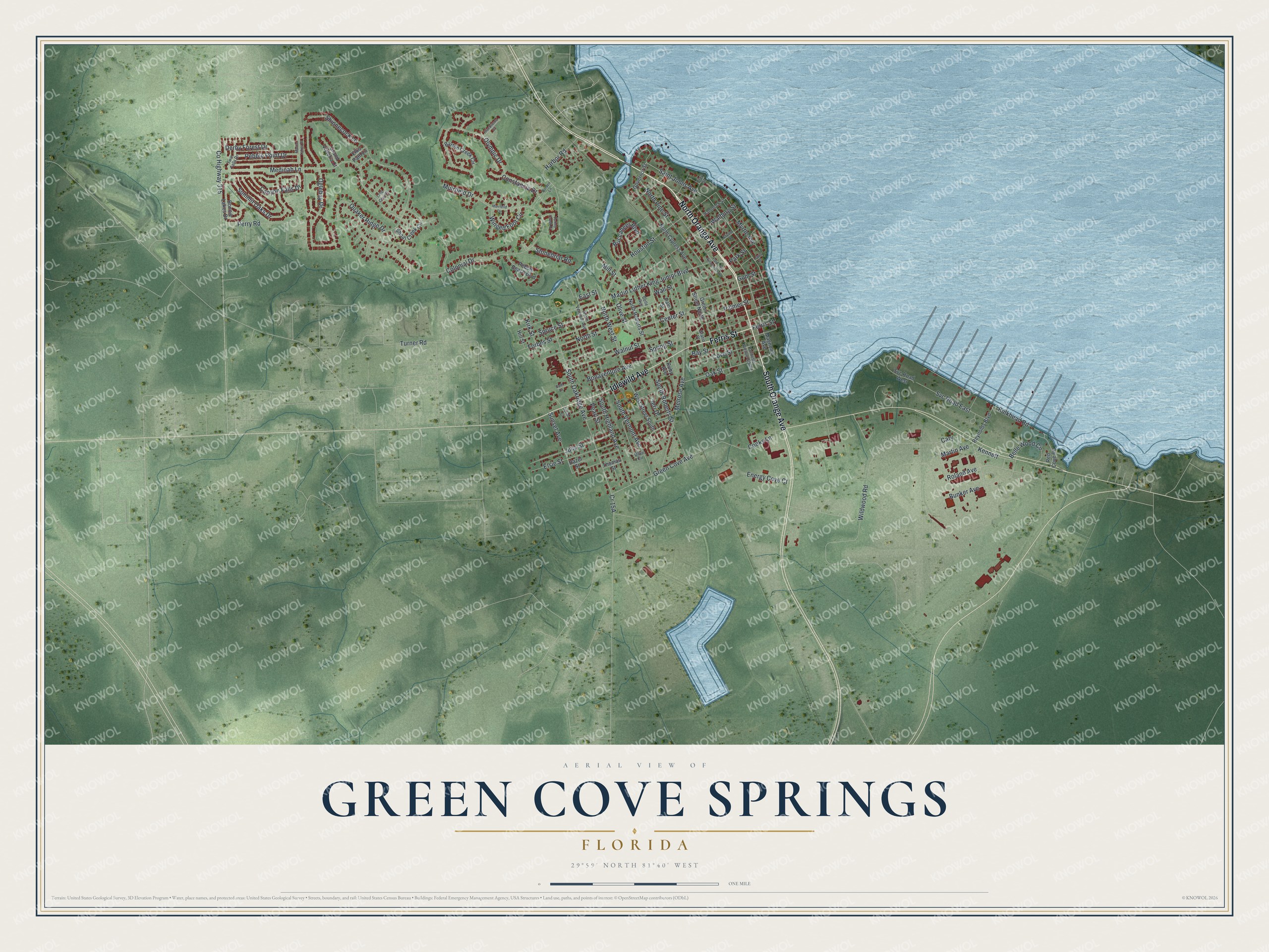 Map of Green Cove Springs, Florida, with Orange Avenue, Walnut Street and Saint Johns Avenue