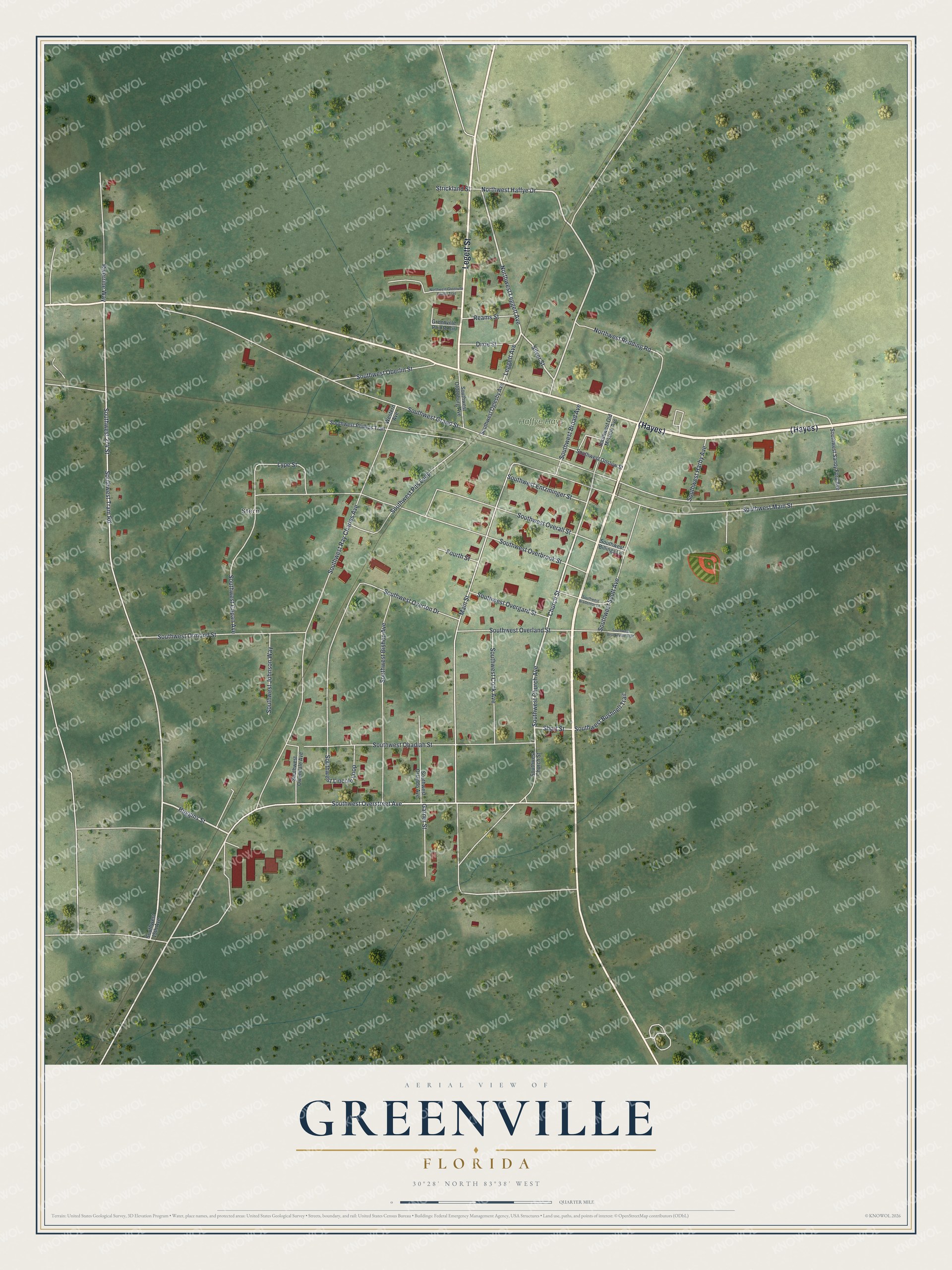 Map of Greenville, Florida, with Southwest Ray Charles Avenue, Legett Street and Haffye Hays Park
