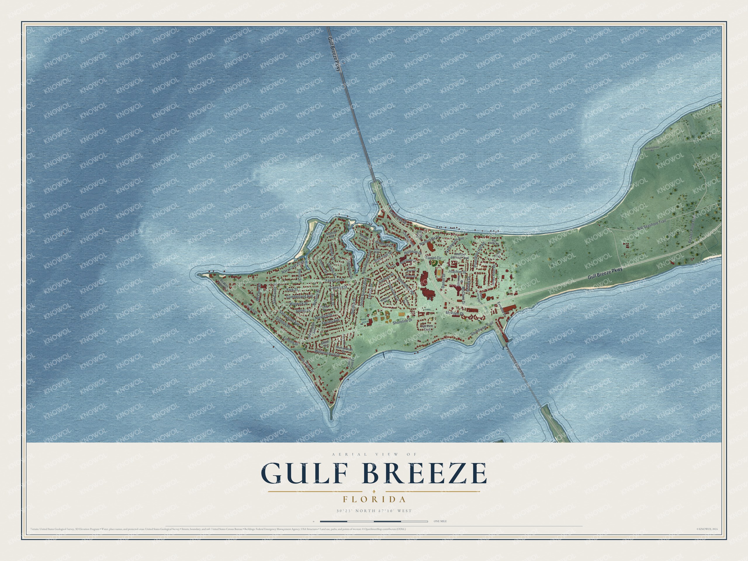 Map of Gulf Breeze, Florida, with Gulf Breeze Parkway, Pensacola Beach Road and Shoreline Drive