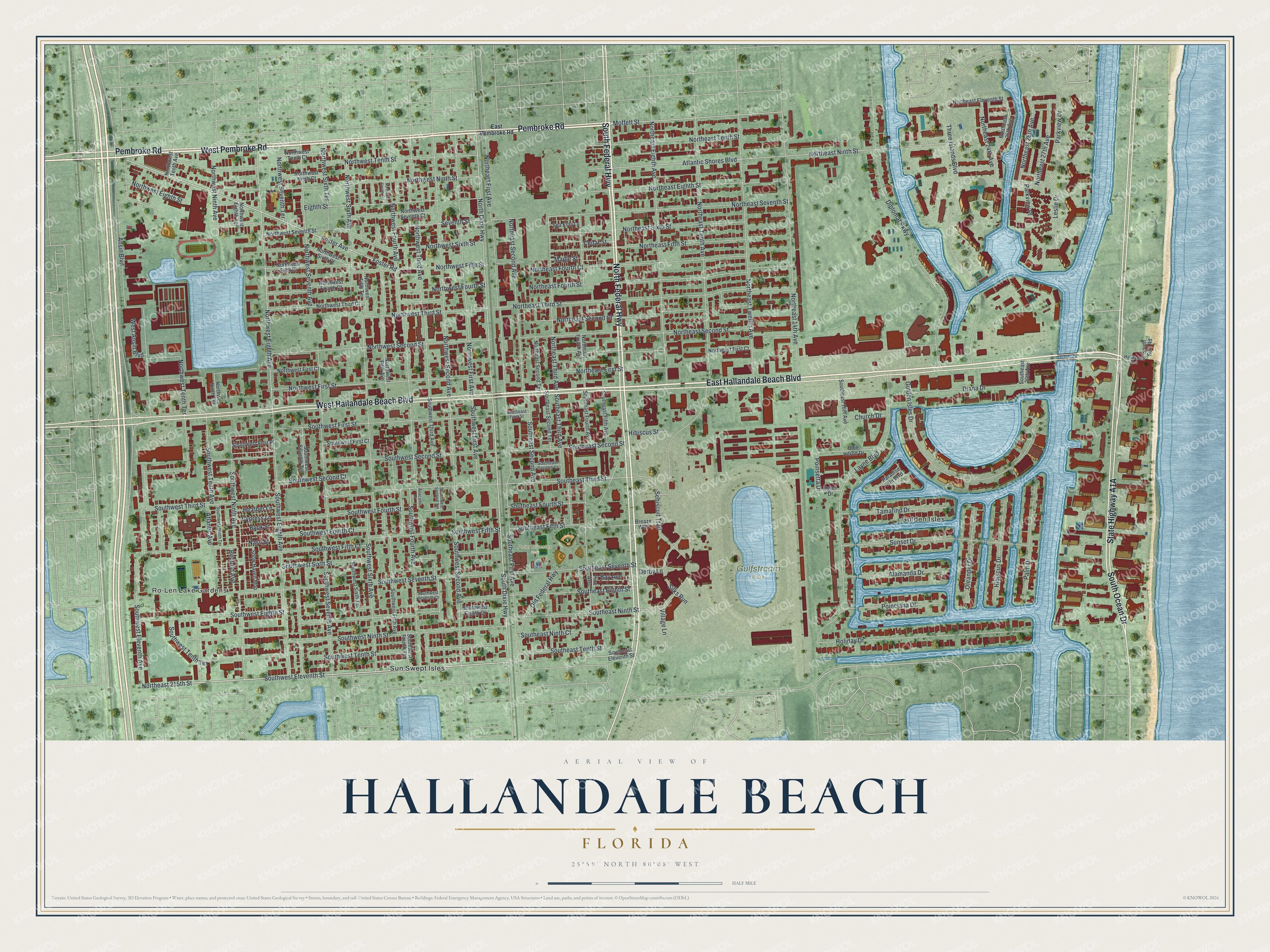 Map of Hallandale Beach, Florida, with Hallandale Beach Boulevard, Gulfstream Park and Golden Isles