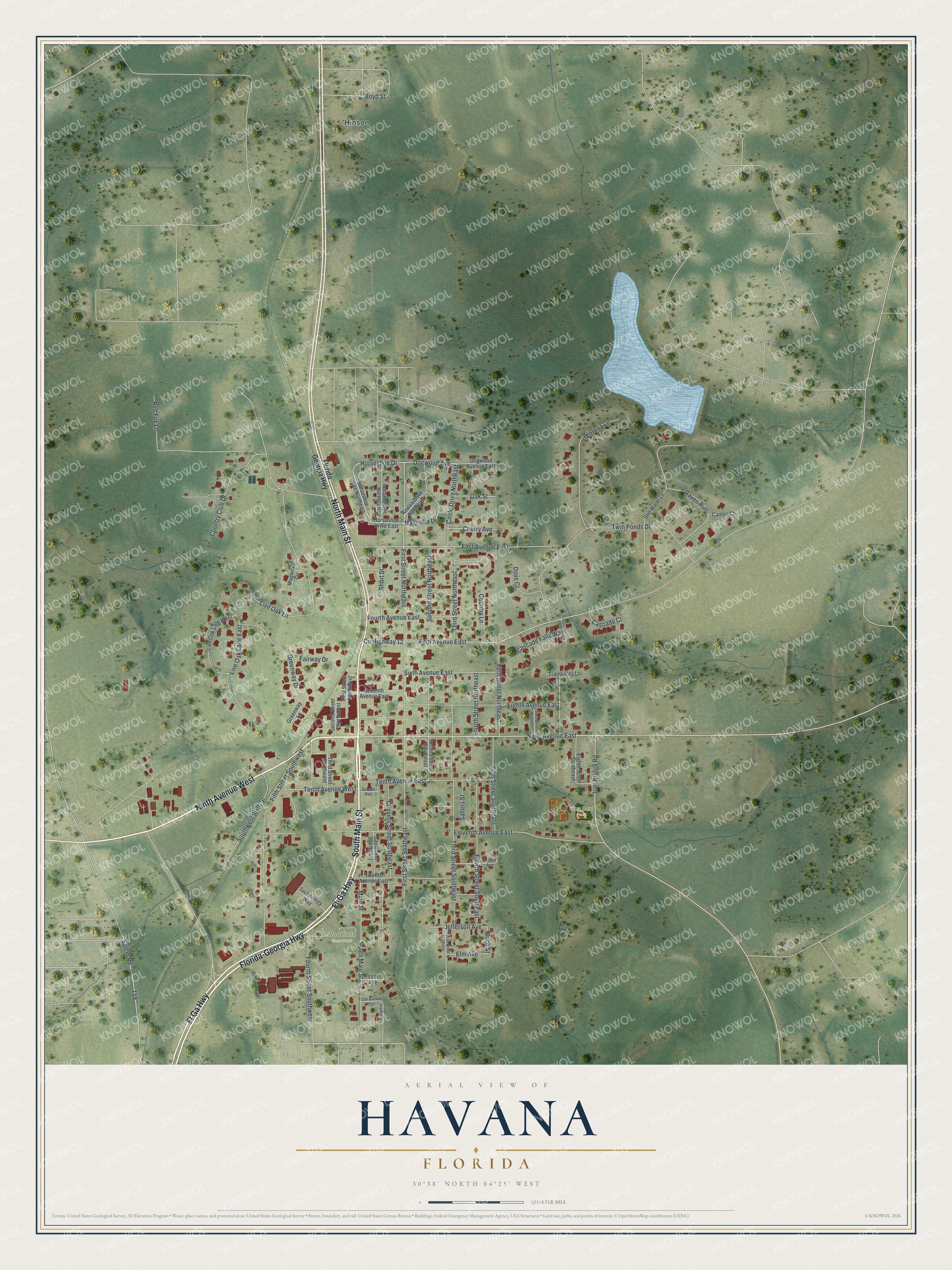 Map of Havana, Florida, with Main Street, Ninth Avenue and the Florida-Georgia Highway