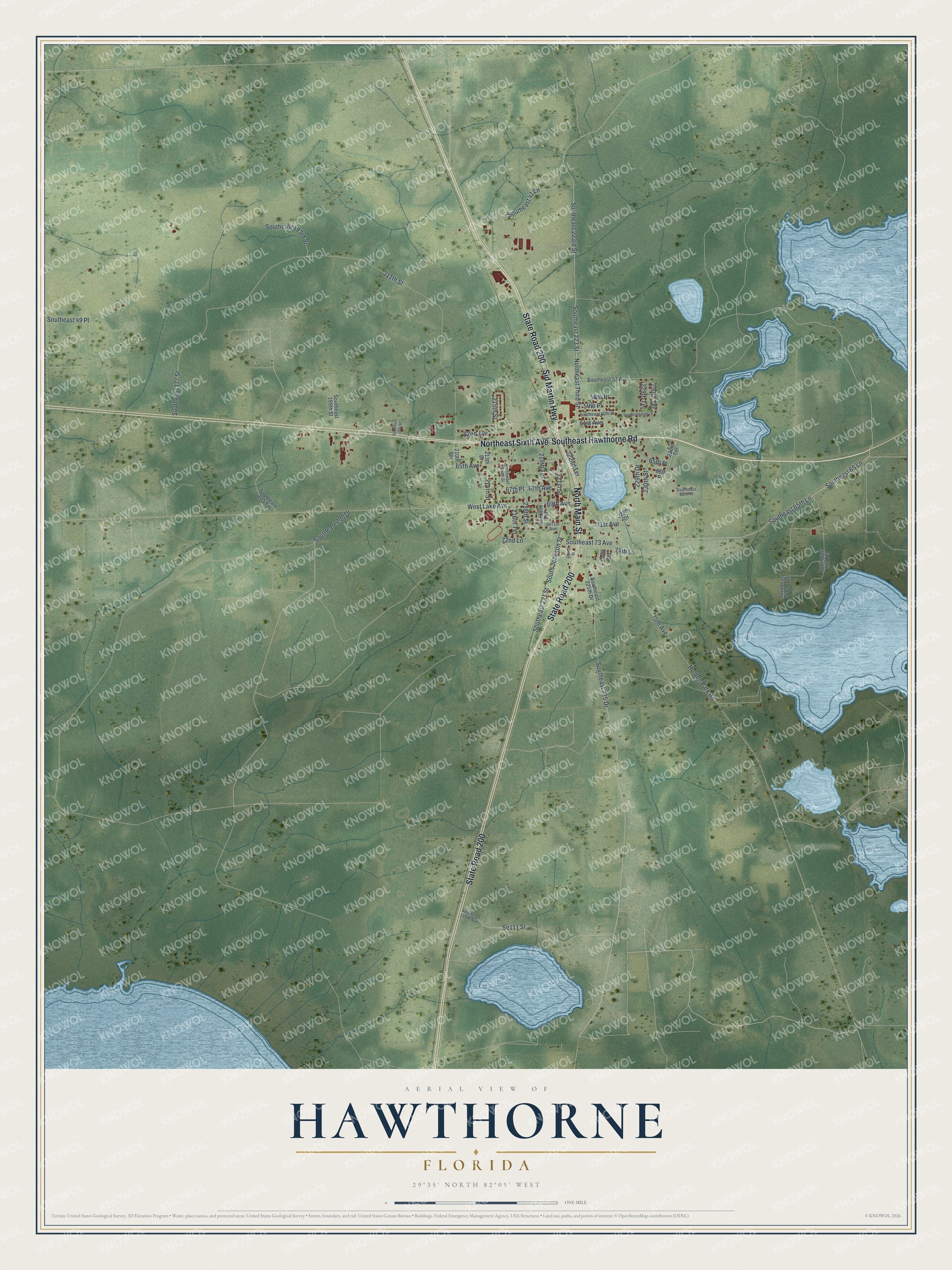 Map of Hawthorne, Florida, with Hawthorne Road, Main Street and Sid Martin Highway