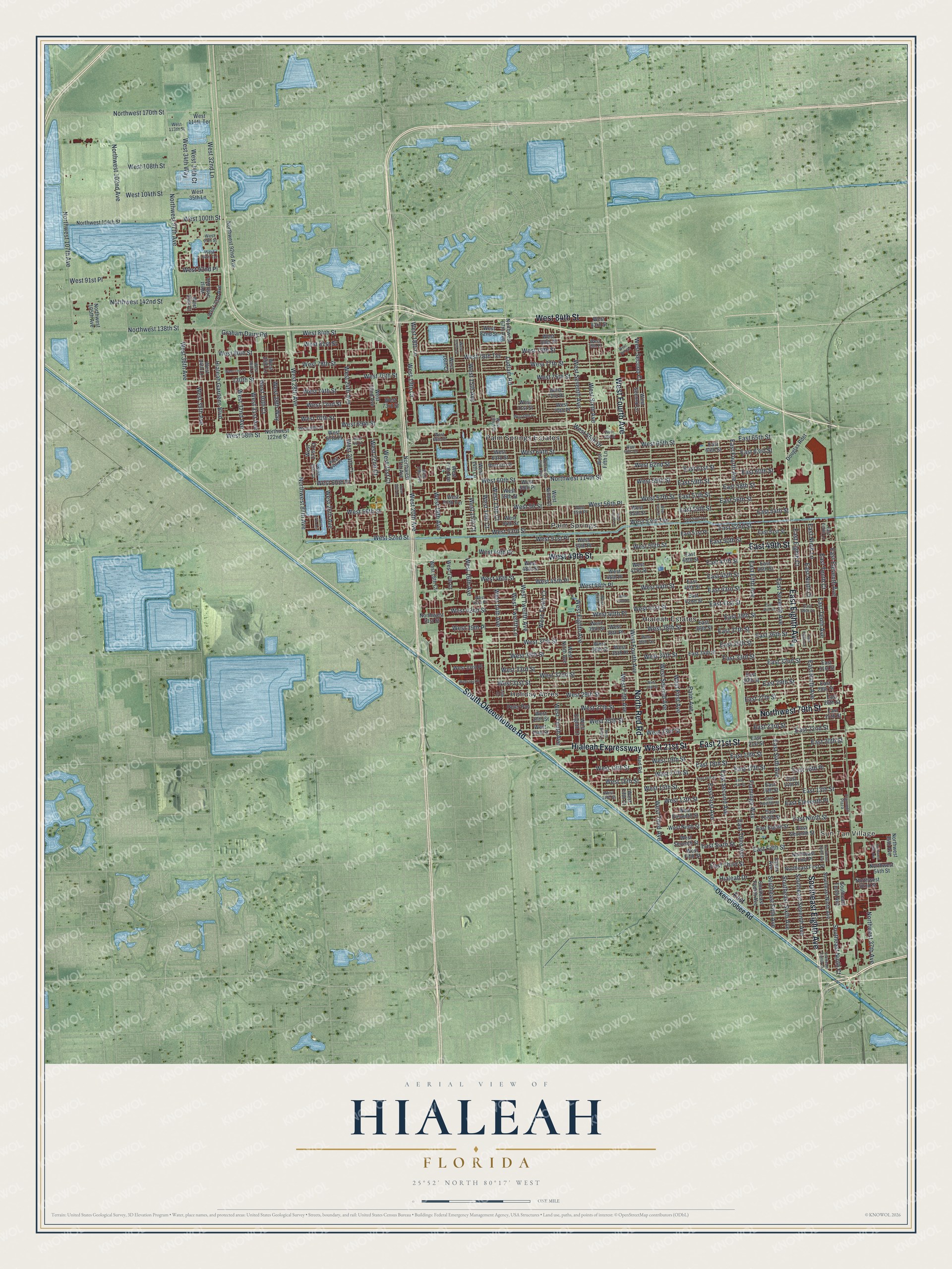 Map of Hialeah, Florida, with Palm Avenue, Okeechobee Road and Red Road