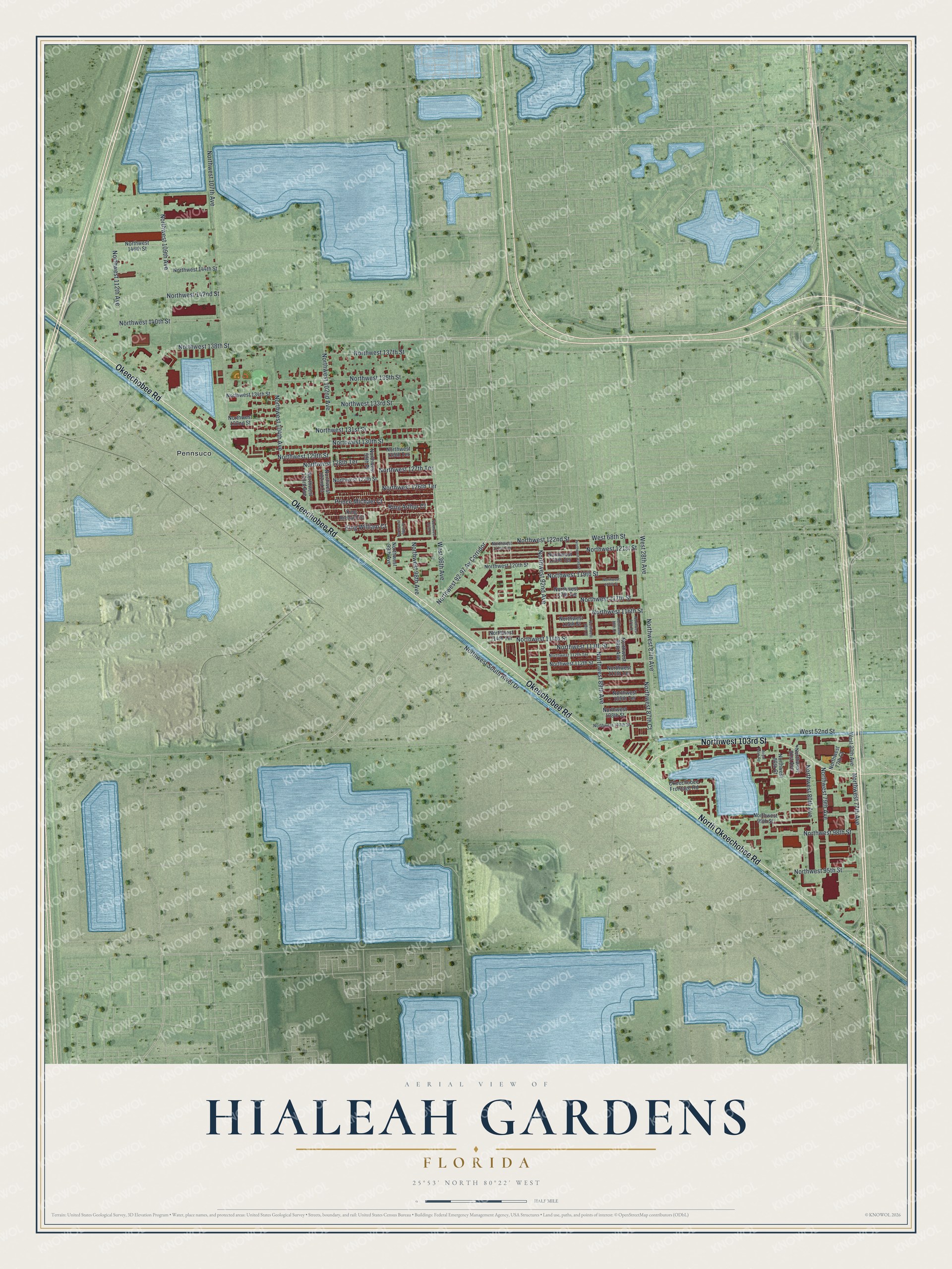 Map of Hialeah Gardens, Florida, with Okeechobee Road, South River Drive and Pennsuco