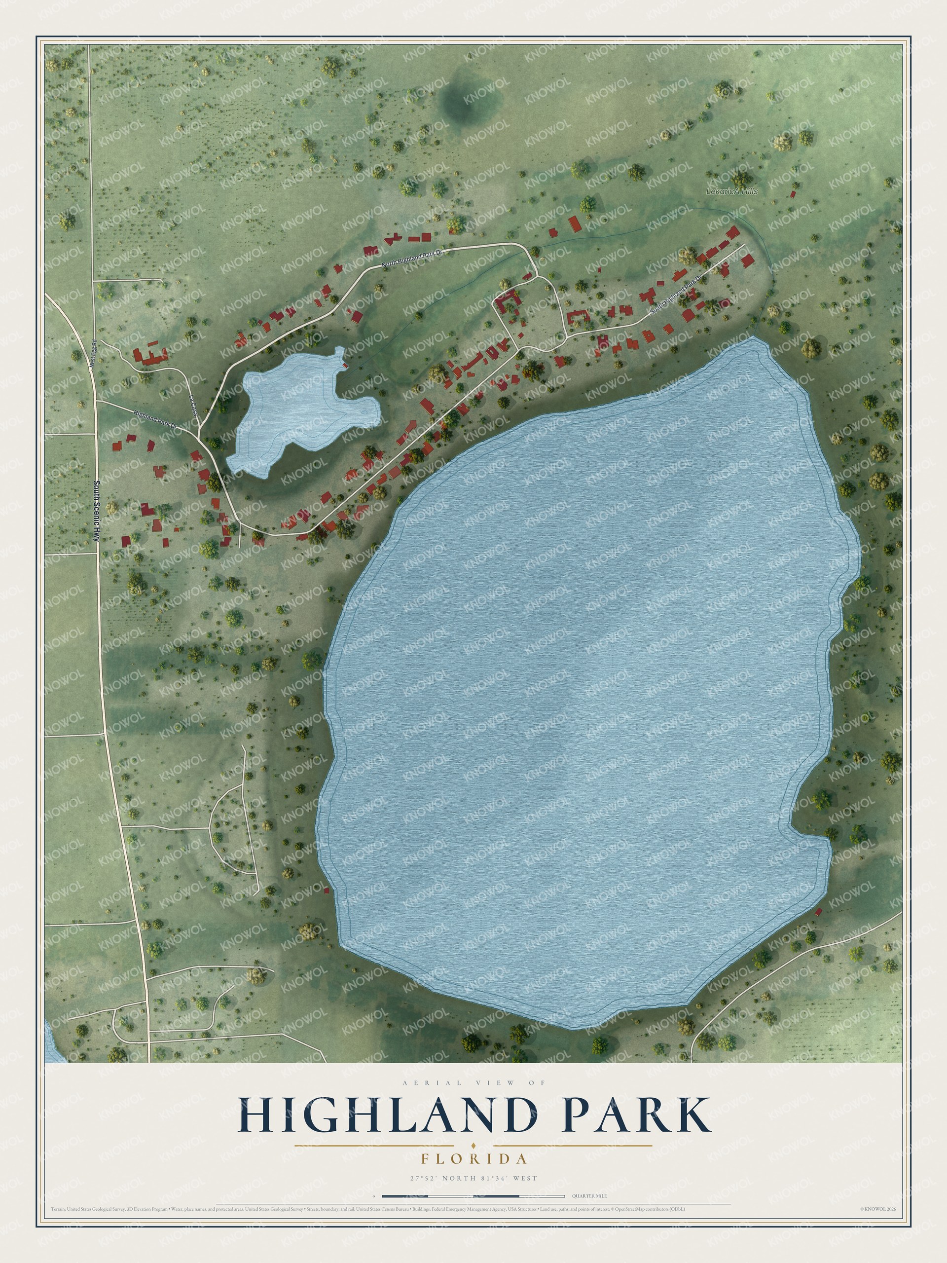 Map of Highland Park, Florida, with Highland Park Drive, Nest Egg Road and the Scenic Highway