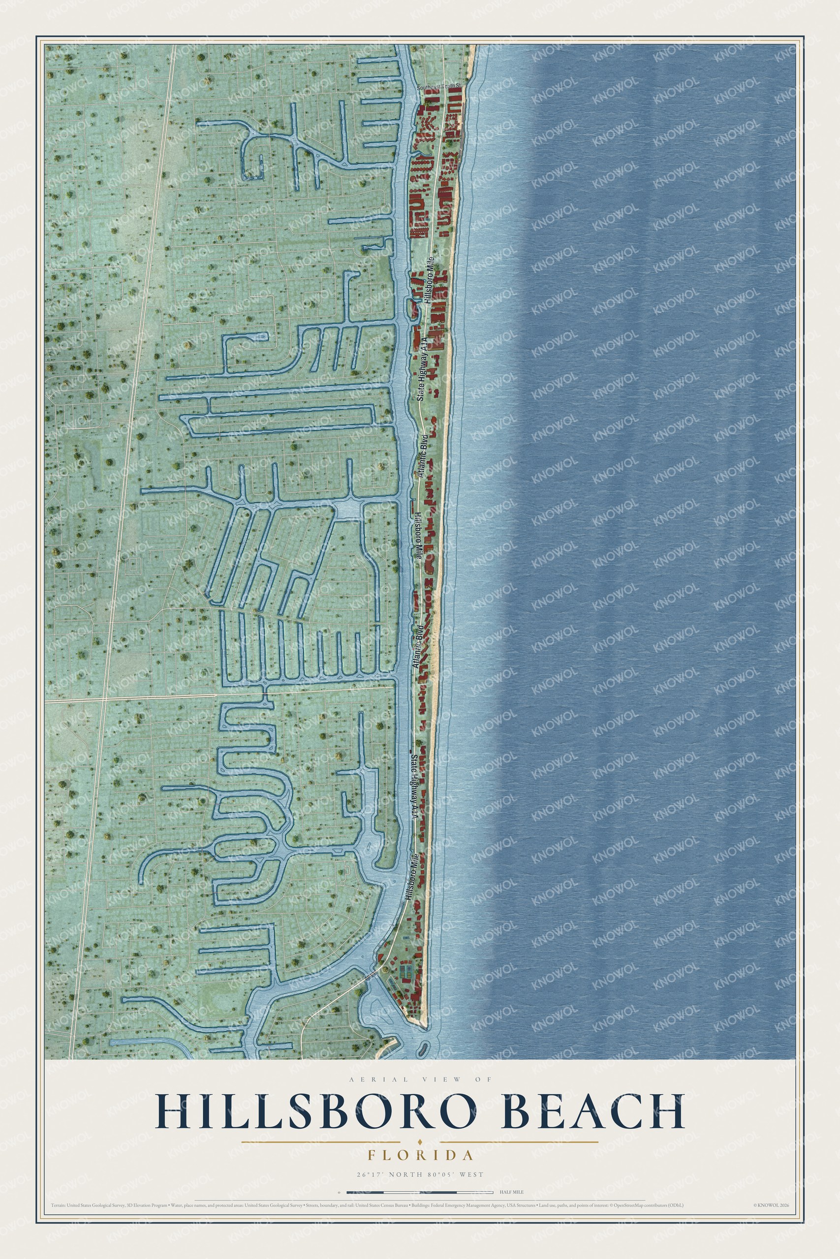 Map of Hillsboro Beach, Florida, with Hillsboro Mile, State Highway A1A and Atlantic Boulevard