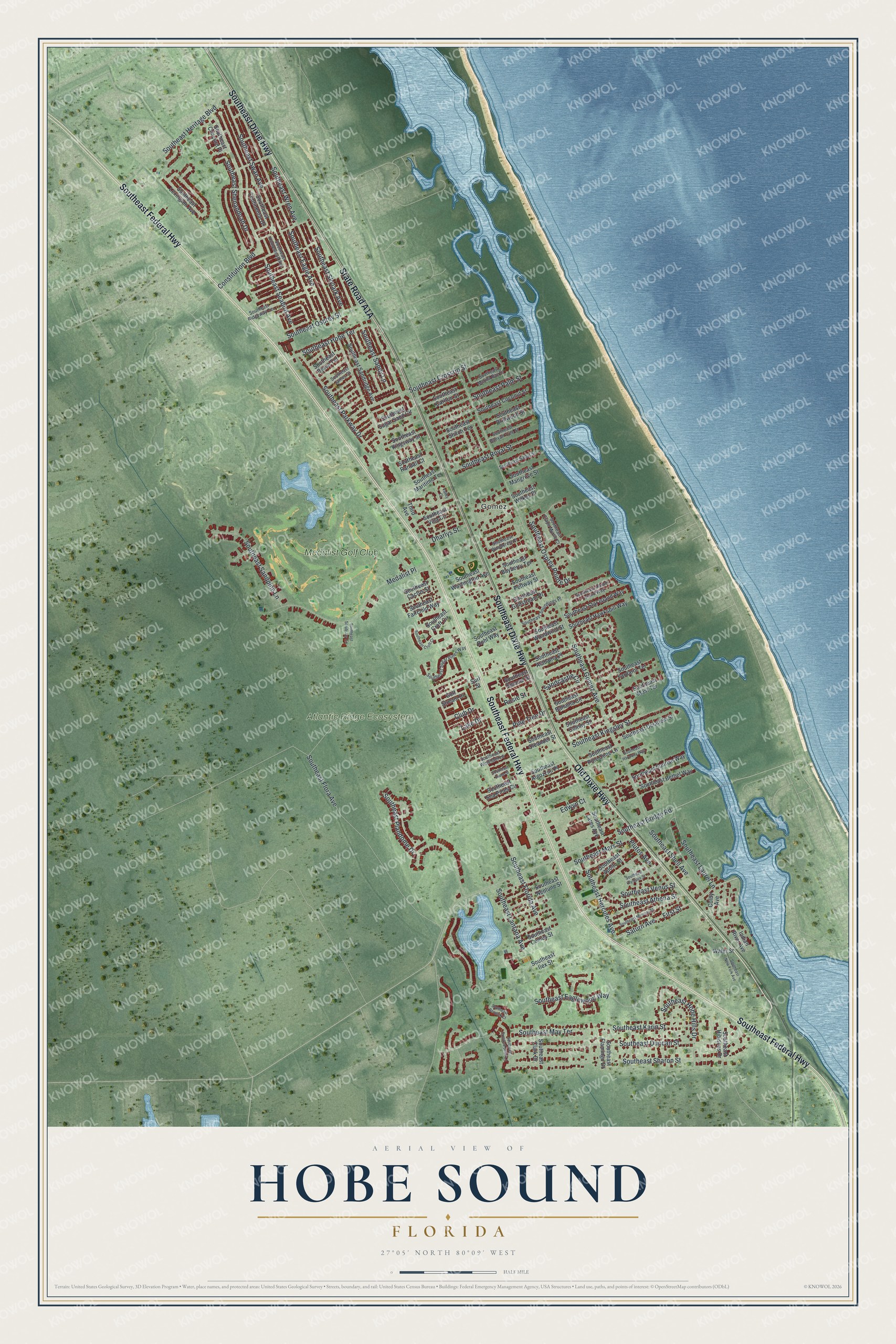 Map of Hobe Sound, Florida, with Federal Highway, Saturn Avenue and Gomez