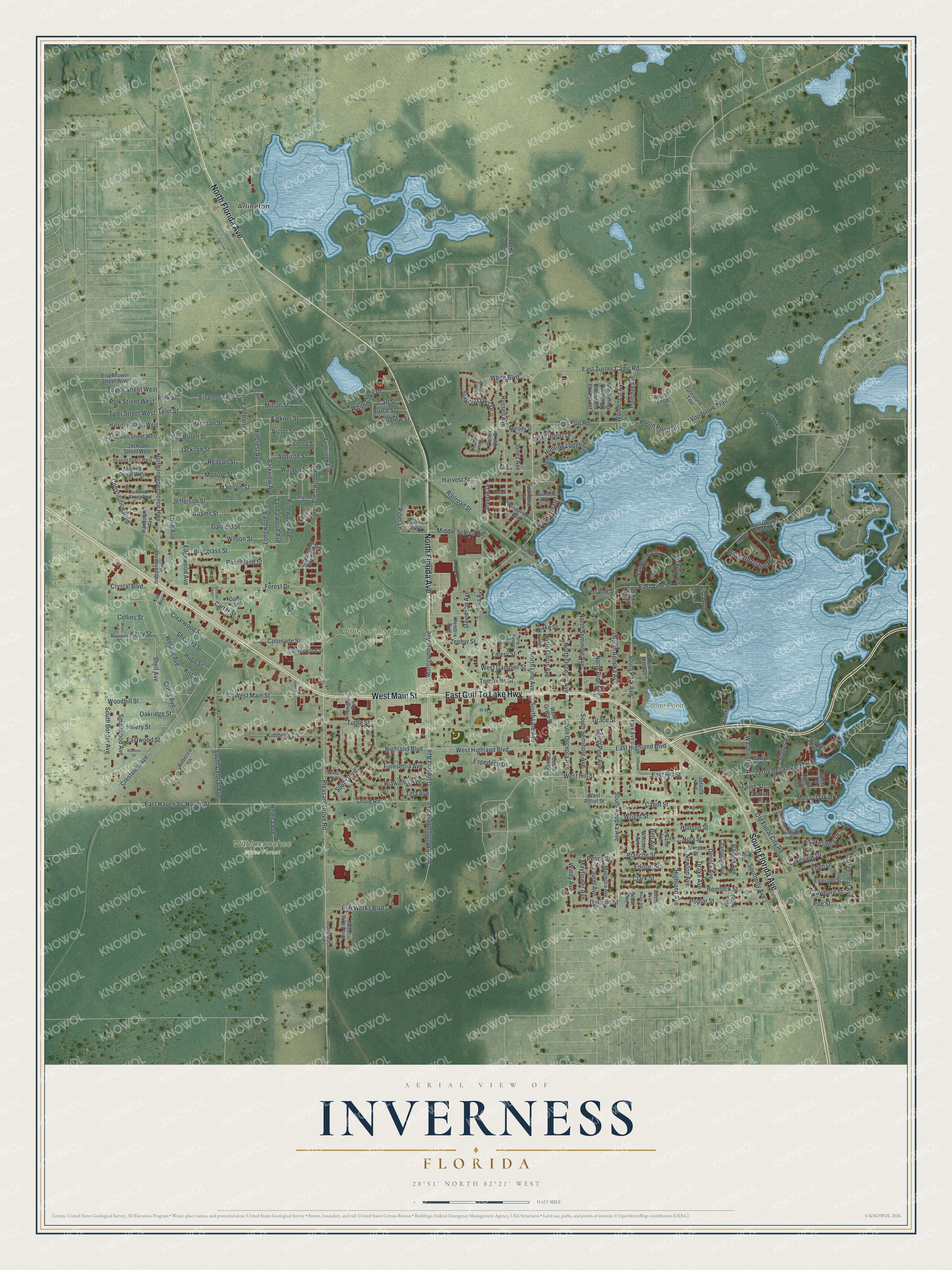 Map of Inverness, Florida, with Main Street, Gulf To Lake Highway and Cooter Pond Park