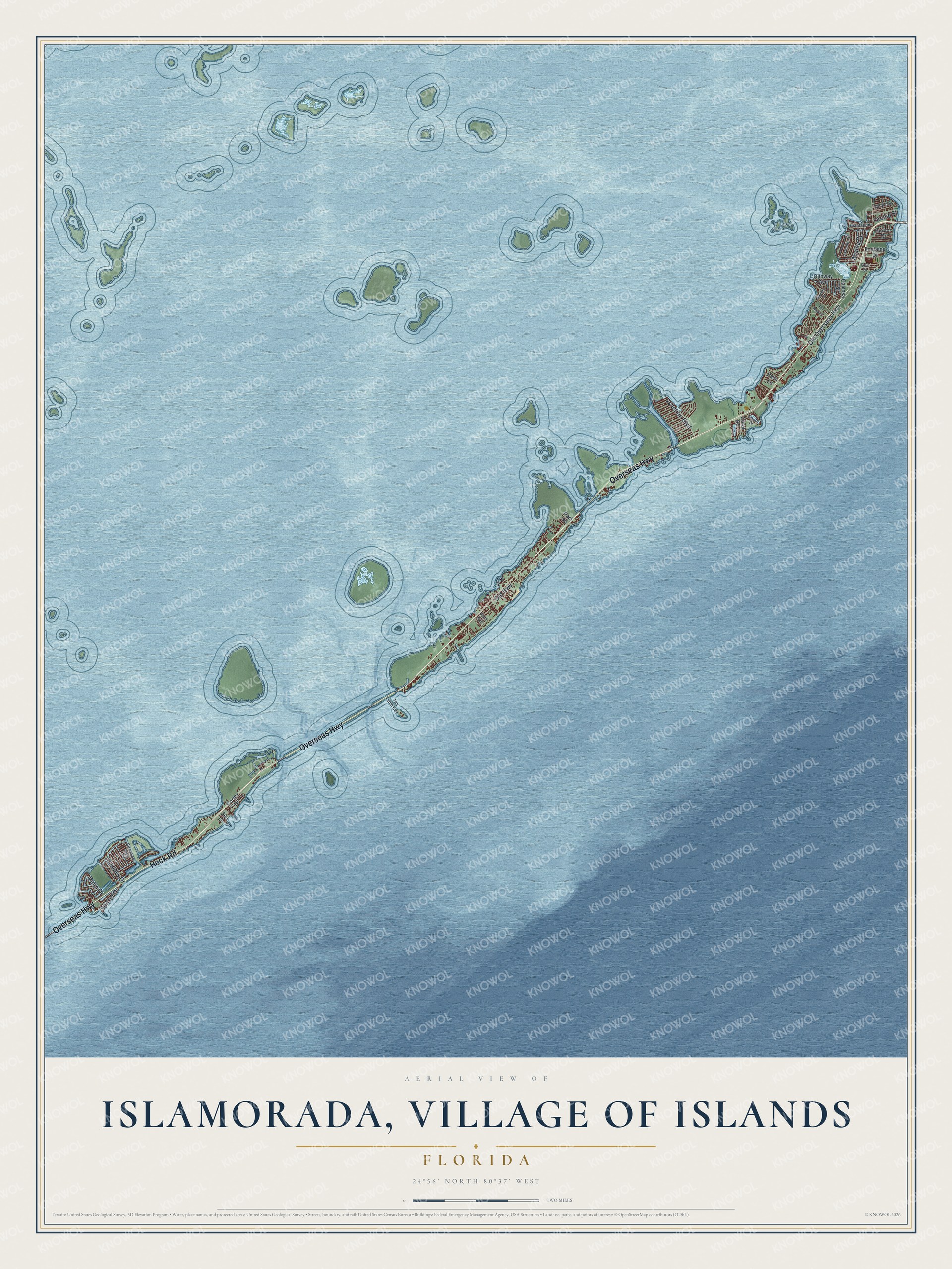 Map of Islamorada, Village of Islands, Florida, with the Overseas Highway and Old Highway