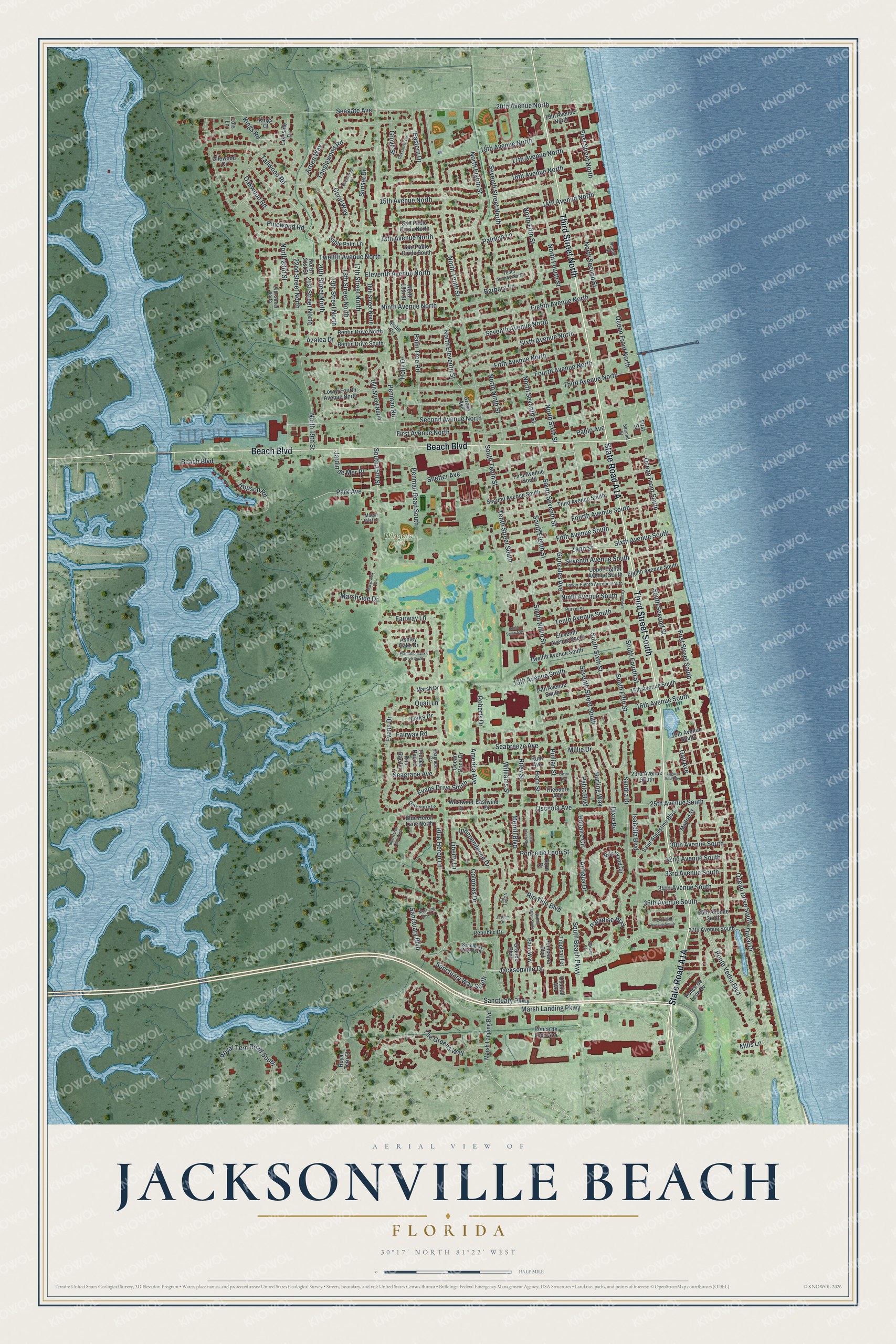 Map of Jacksonville Beach, Florida, with Third Street, Beach Boulevard and Wingate Park
