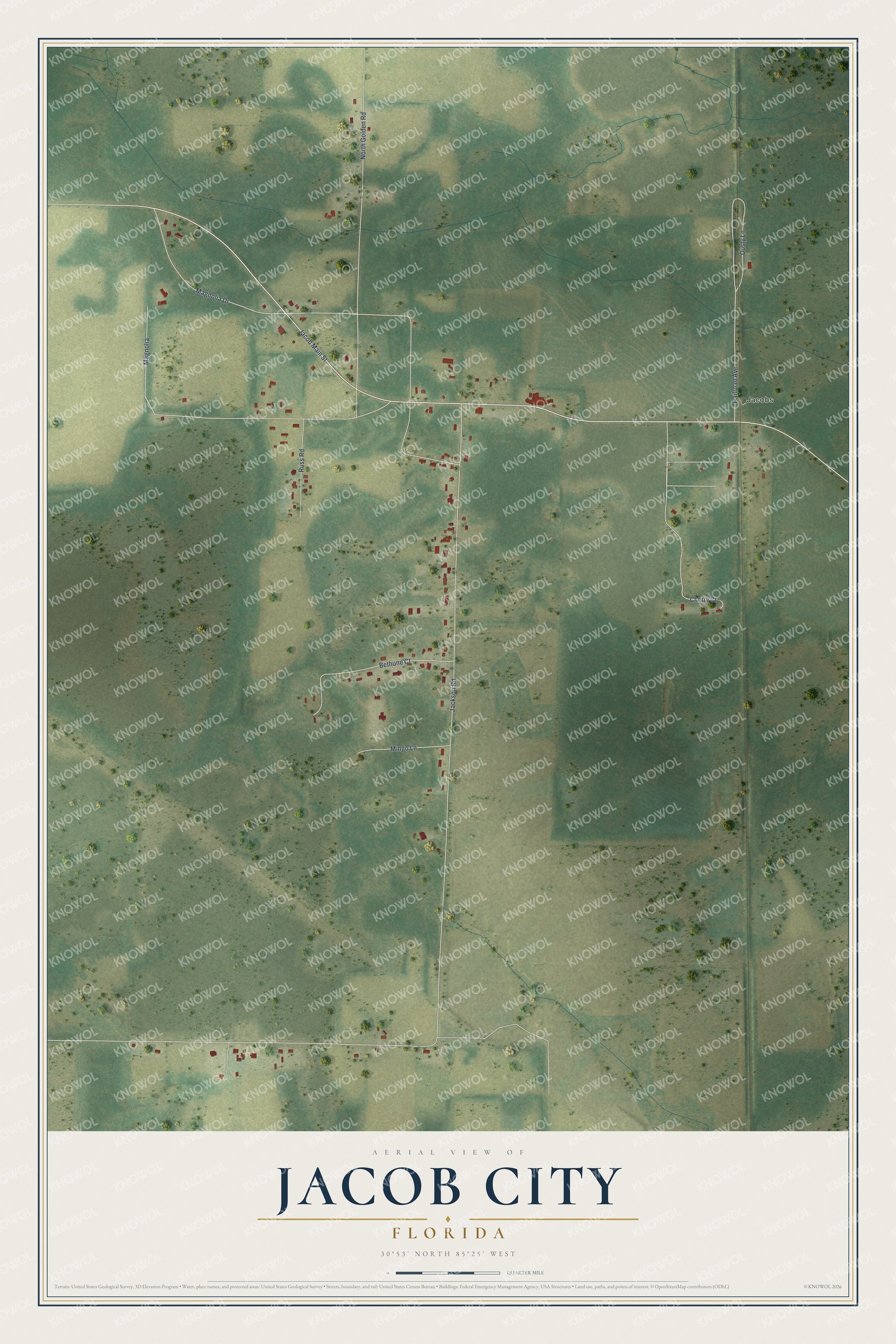 Map of Jacob City, Florida, with Jacob Main Street, Railroad Avenue and Jackson Road