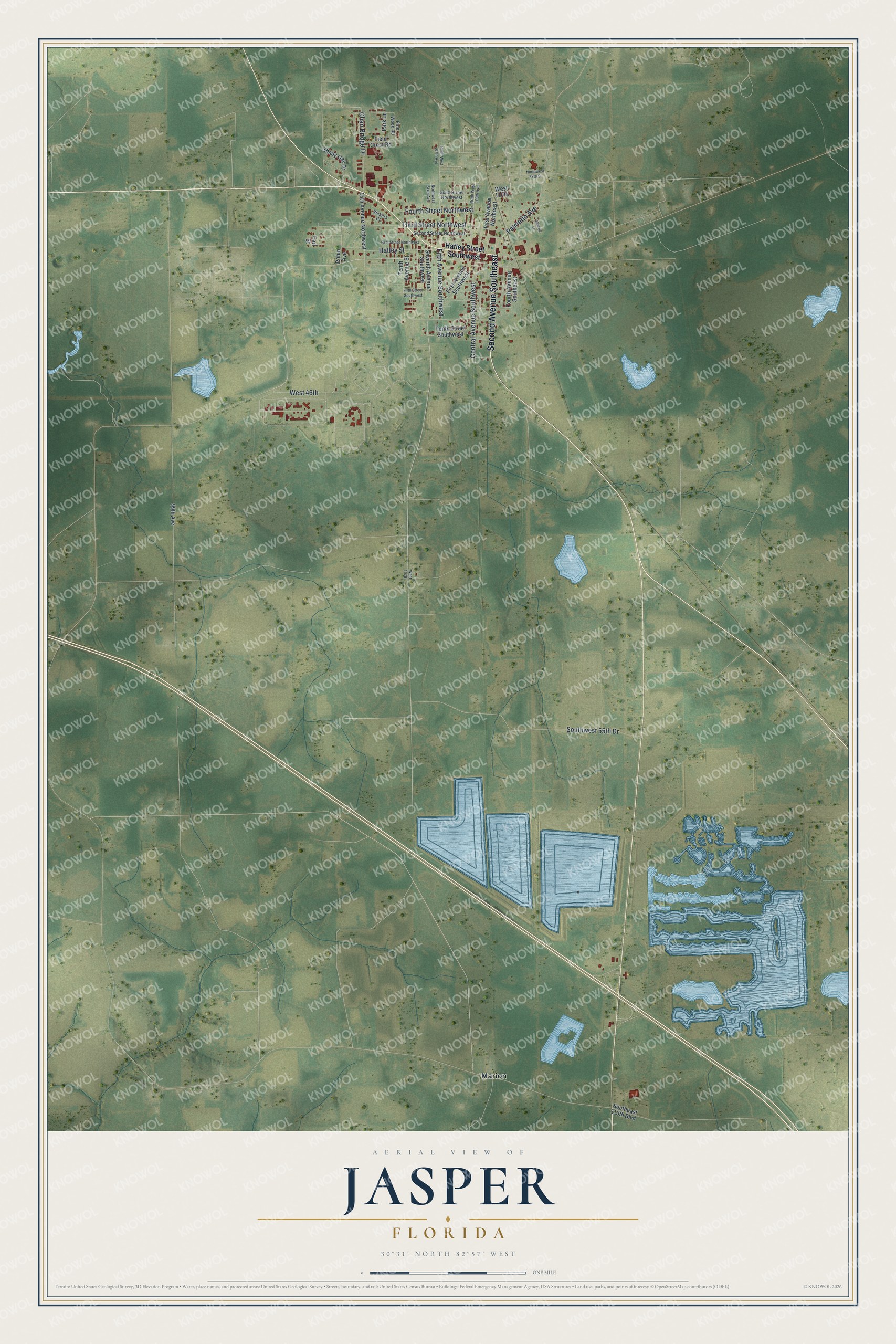 Map of Jasper, Florida, with Second Avenue, Hatley Street and Central Avenue