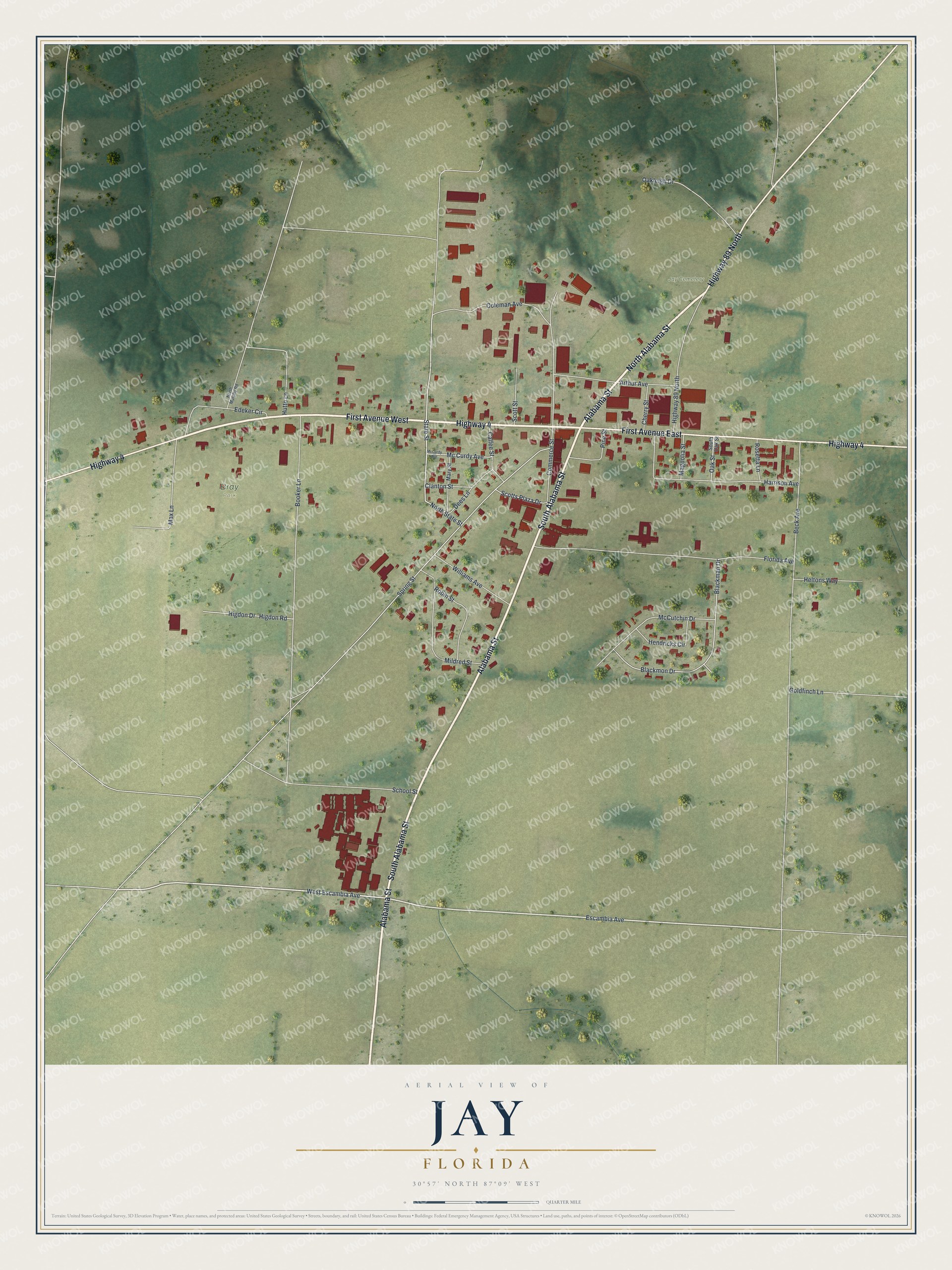 Map of Jay, Florida, with Alabama Street, State Street and Bray Park