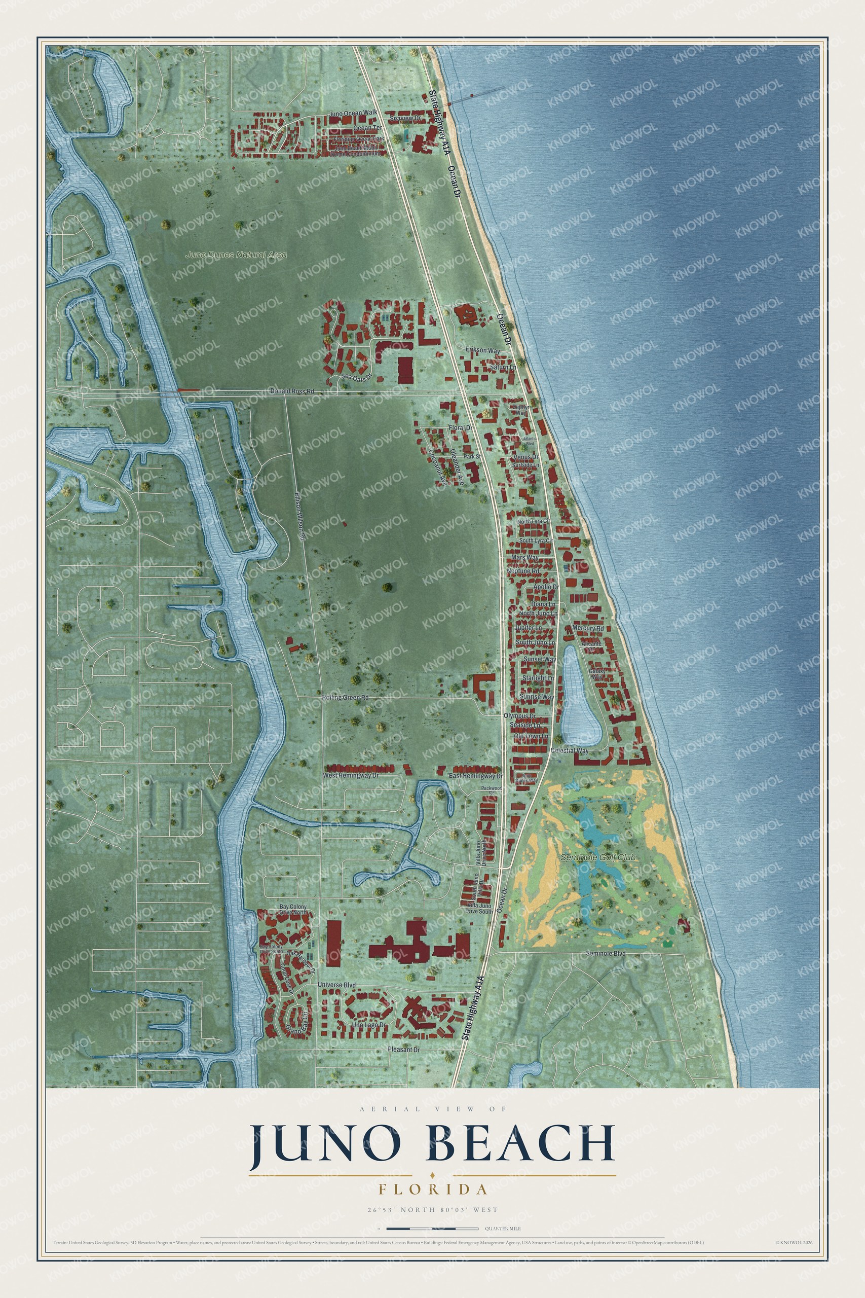 Map of Juno Beach, Florida, with Ocean Drive, Juno Dunes Natural Area and Seminole Golf Club
