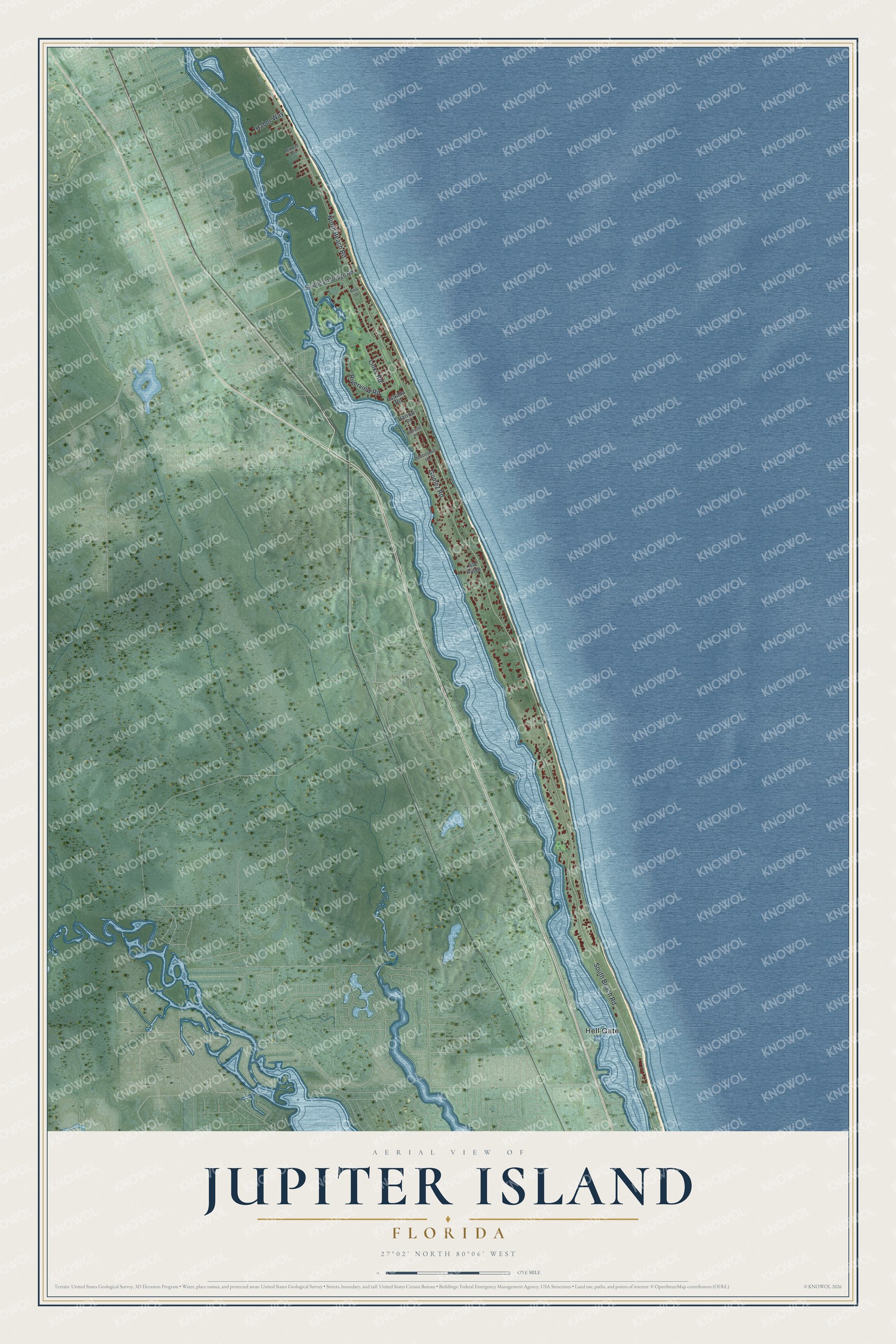 Map of Jupiter Island, Florida, with Beach Road, Gomez Road and Hell Gate
