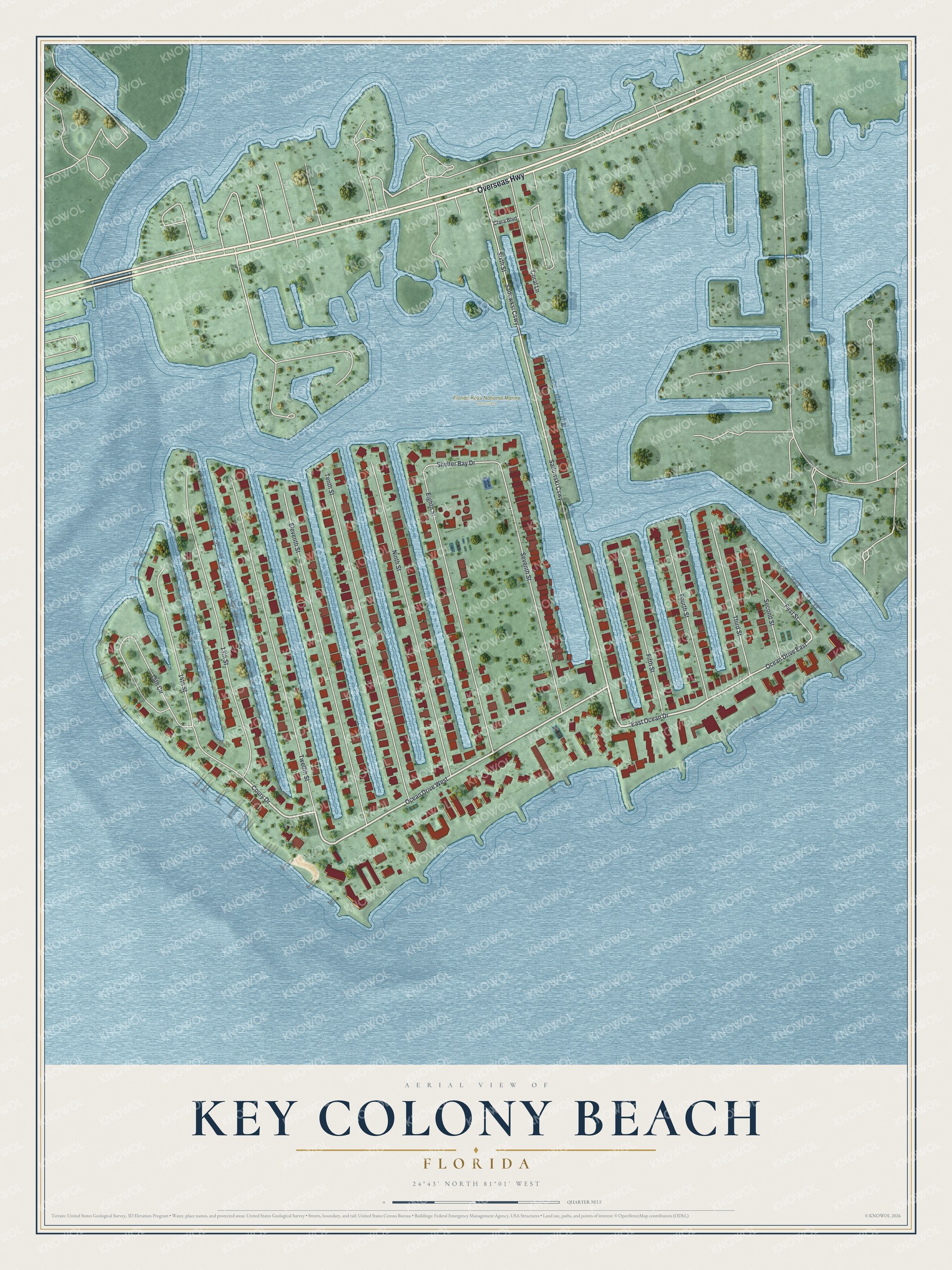 Map of Key Colony Beach, Florida, with Ocean Drive and its numbered streets