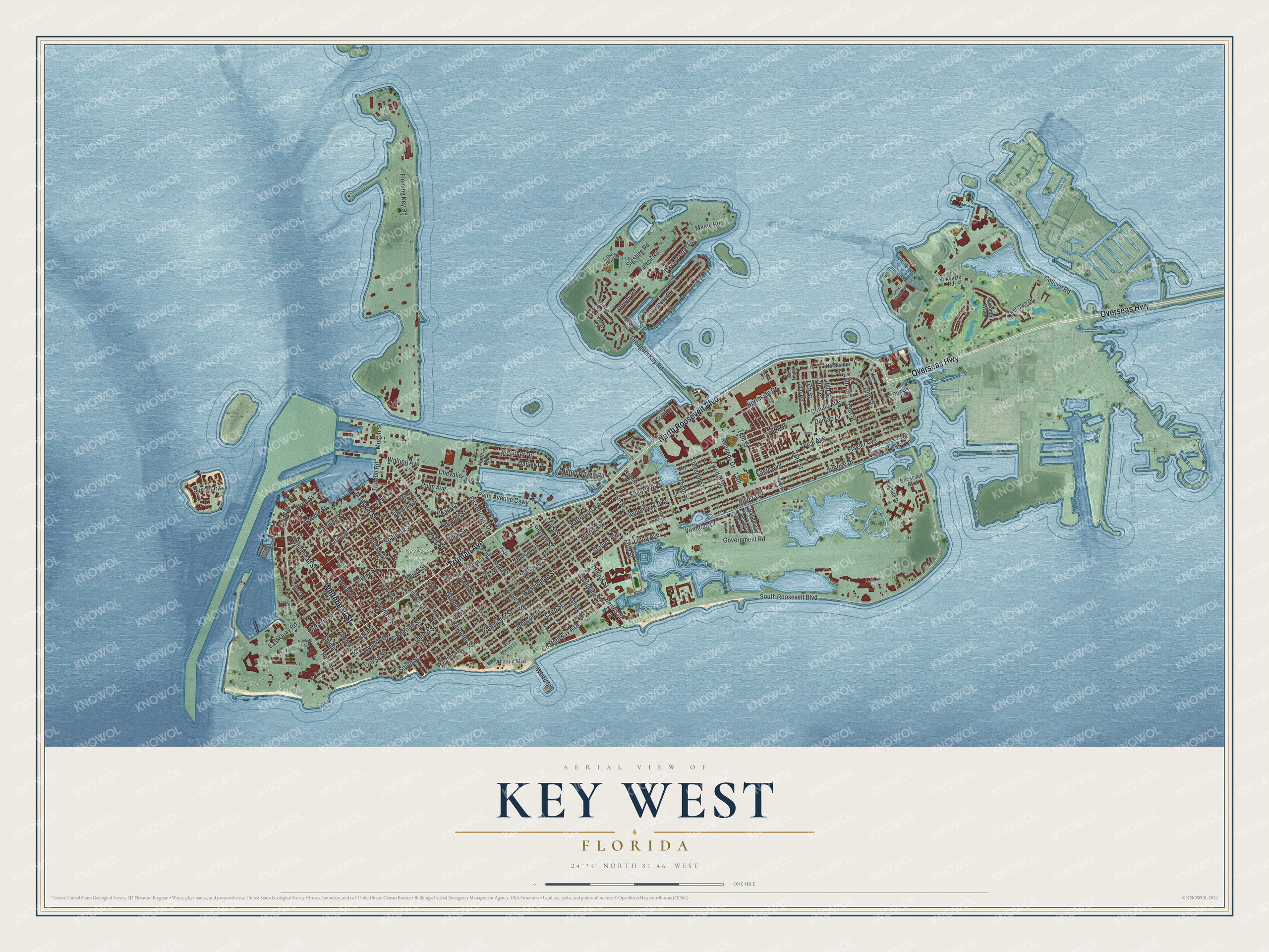 Map of Key West, Florida, with Duval Street, Whitehead Street and Truman Avenue