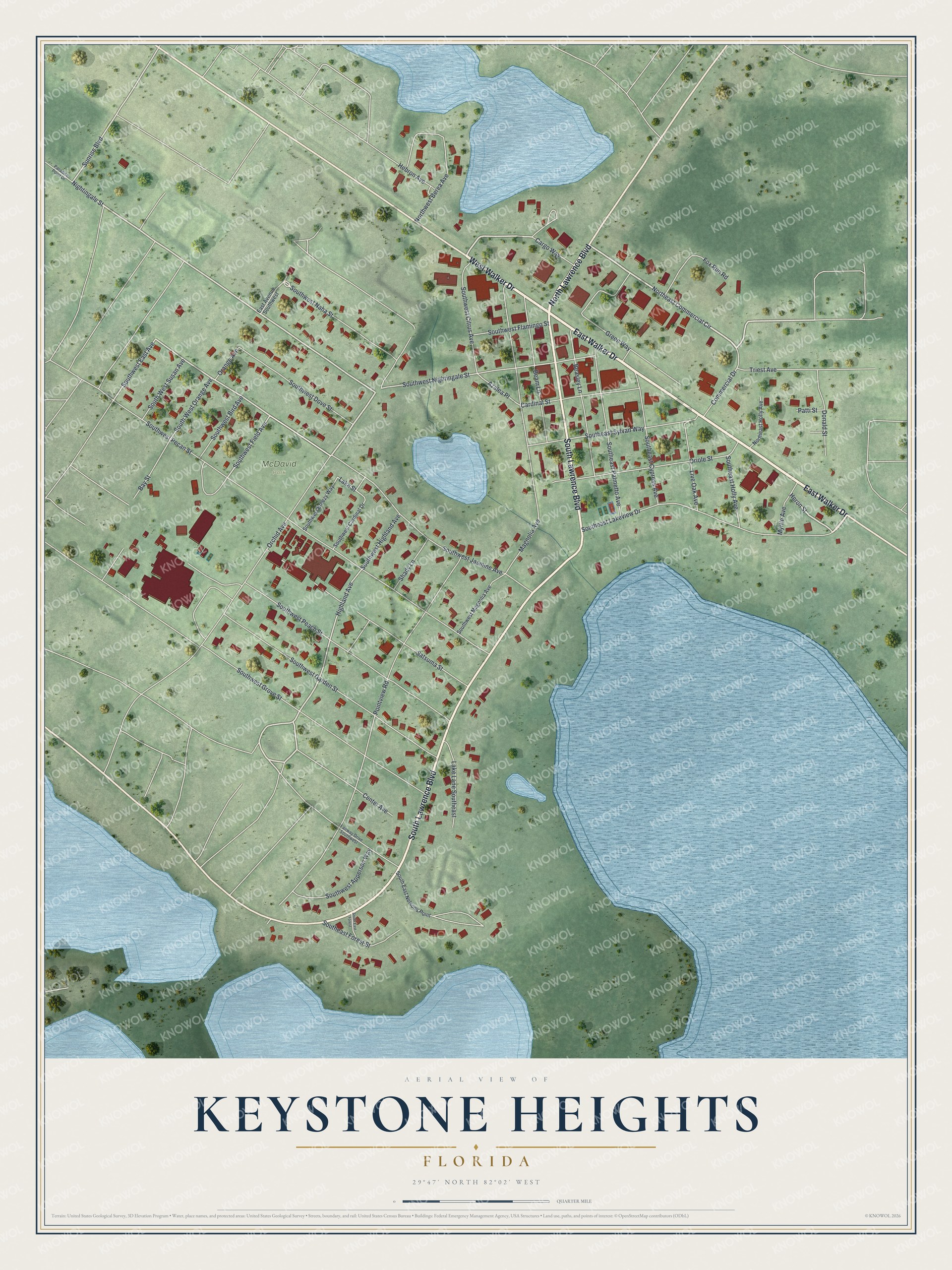 Map of Keystone Heights, Florida, with Lawrence Boulevard and Walker Drive