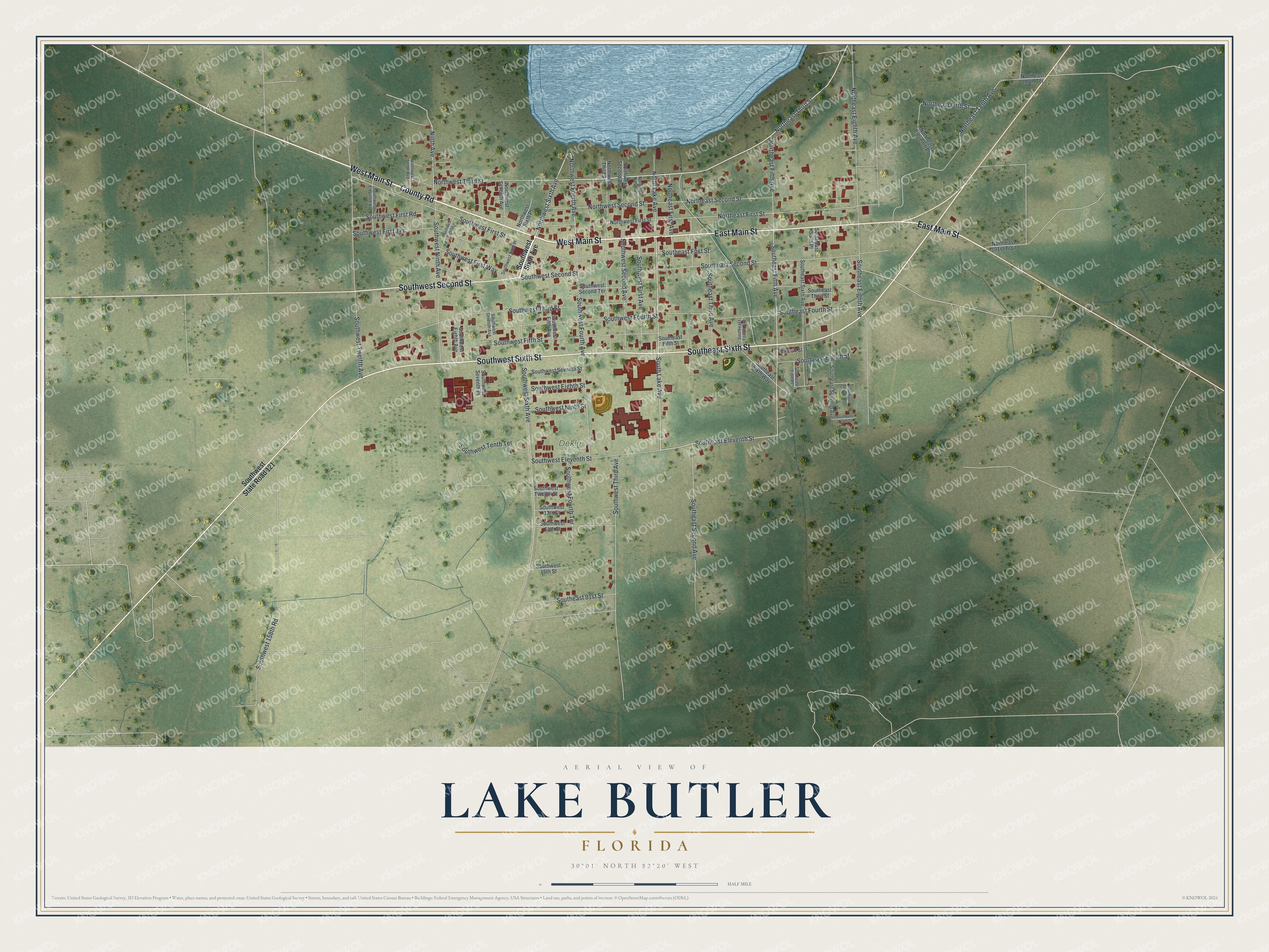 Map of Lake Butler, Florida, with Main Street, Lake Avenue and Sixth Street