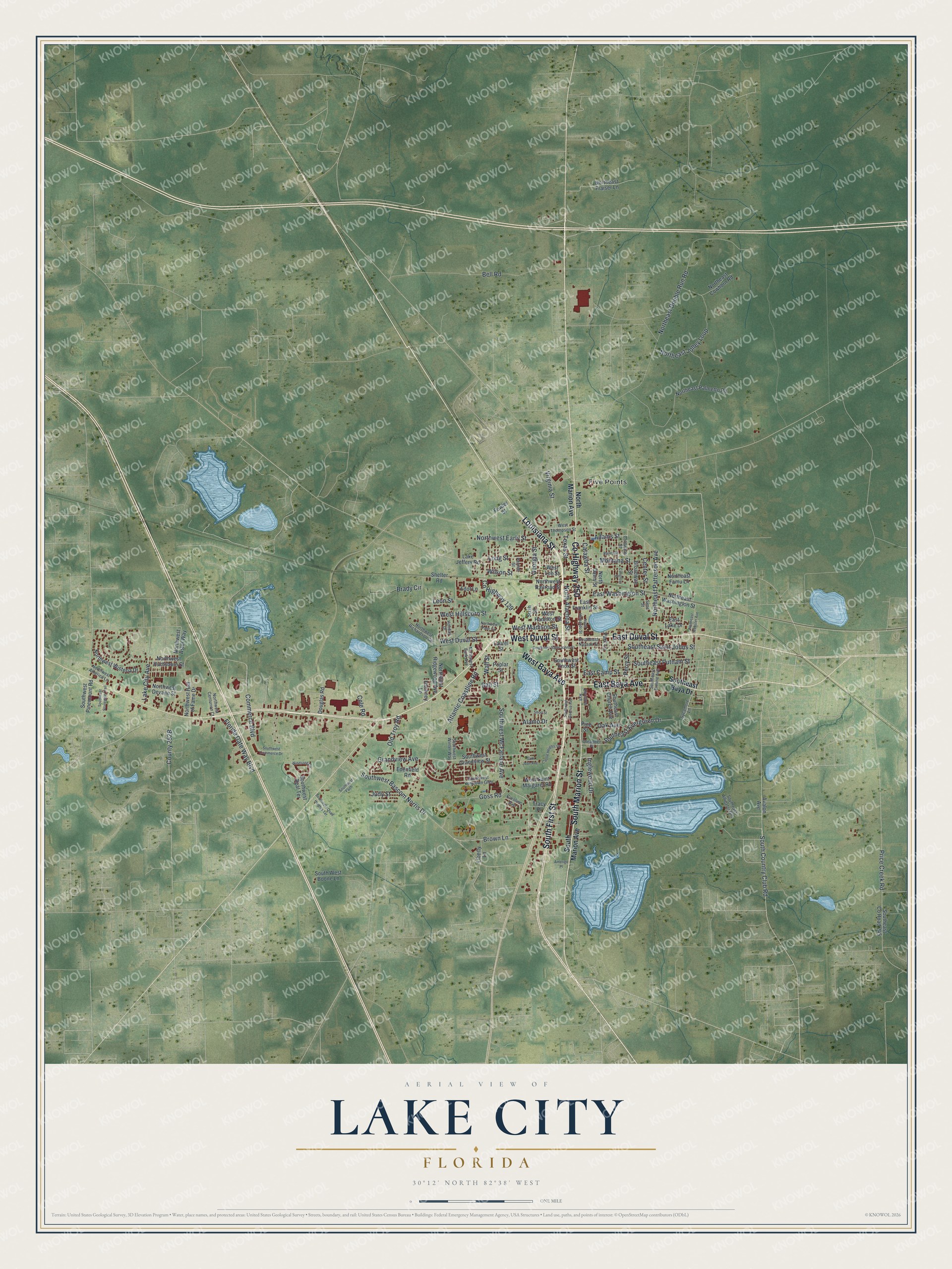 Map of Lake City, Florida, with Marion Street, Duval Street and Baya Avenue