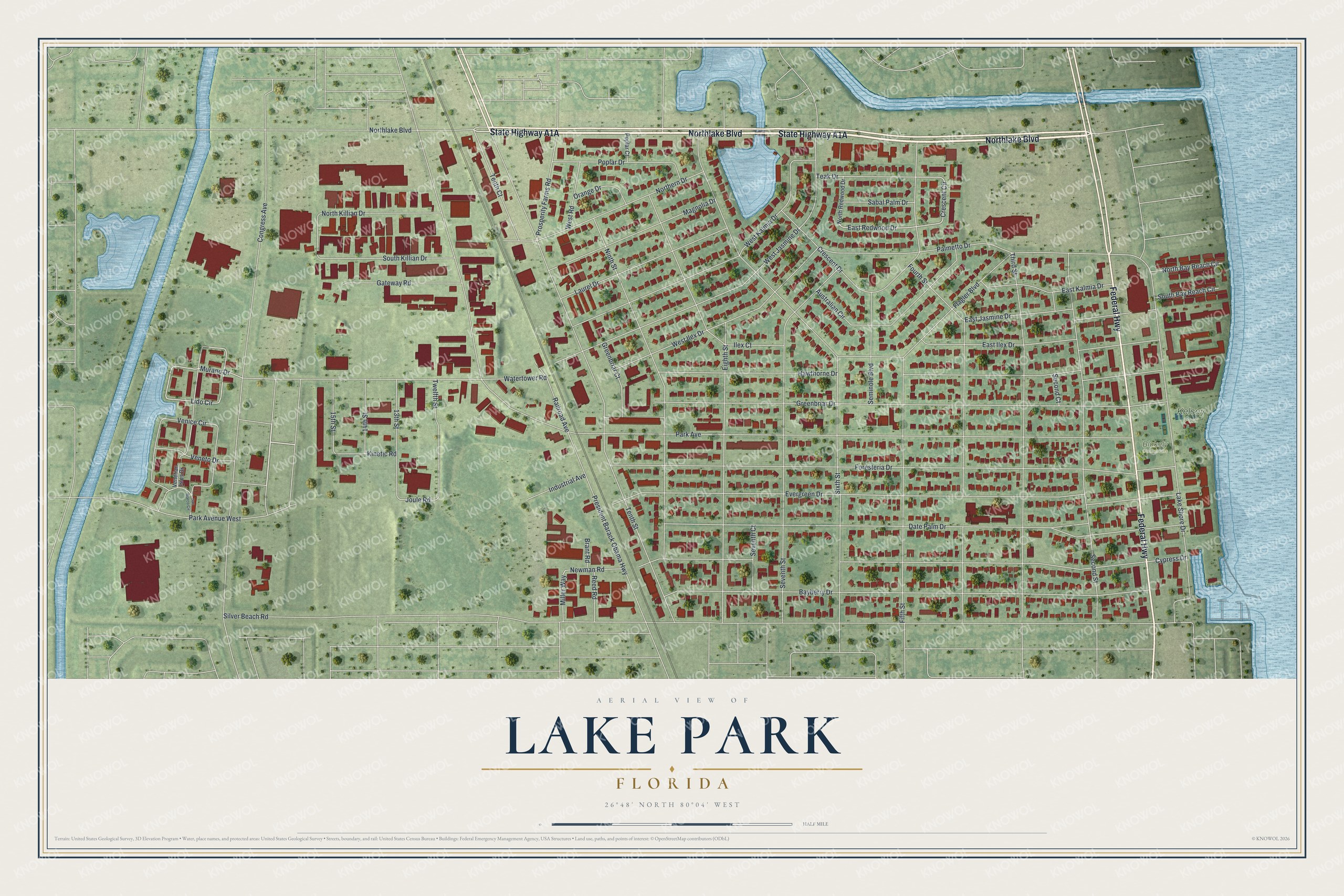 Map of Lake Park, Florida, with Northlake Boulevard, Park Avenue and Federal Highway