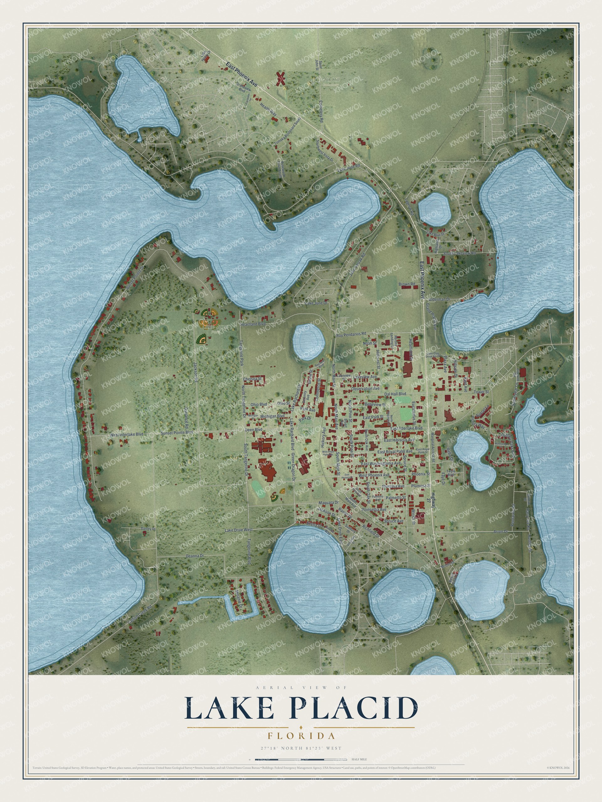 Map of Lake Placid, Florida, with Phoenix Avenue, North Main Street and East Interlake Boulevard