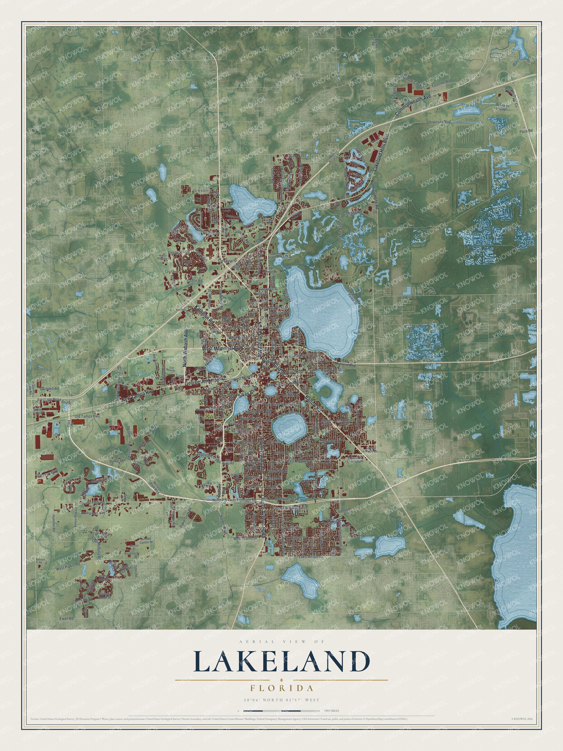 Map of Lakeland, Florida, with Florida Avenue, Lake Morton Drive and Lake Hollingsworth Drive
