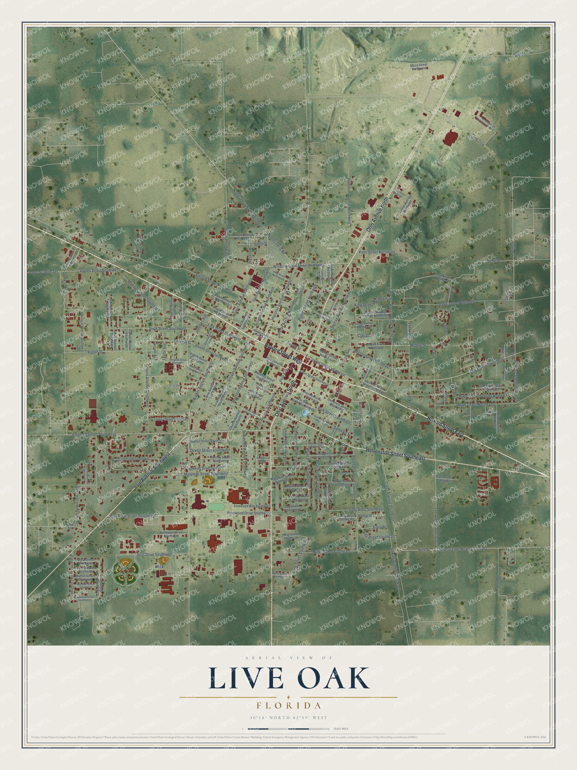 Map of Live Oak, Florida, with Ohio Avenue, Howard Street and Slade