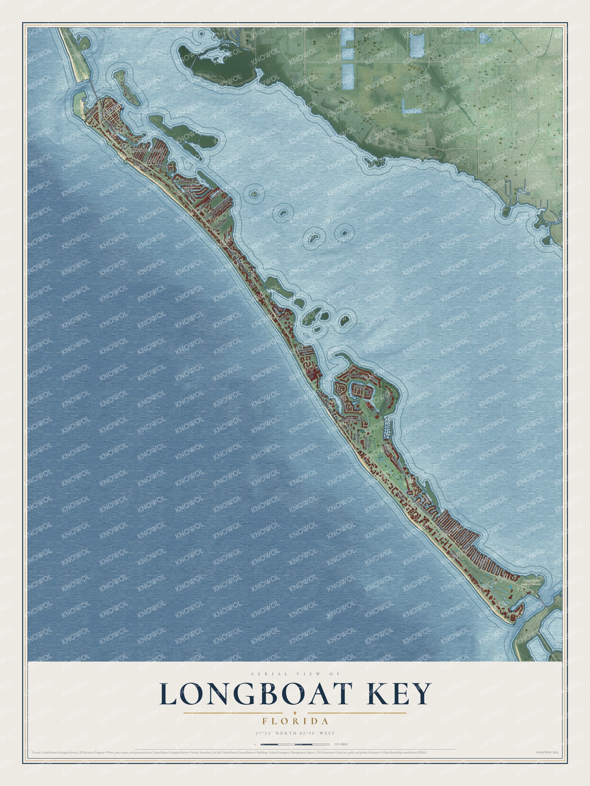 Map of Longboat Key, Florida, with Gulf of Mexico Drive, Whitney Beach and Quick Point Nature Preserve