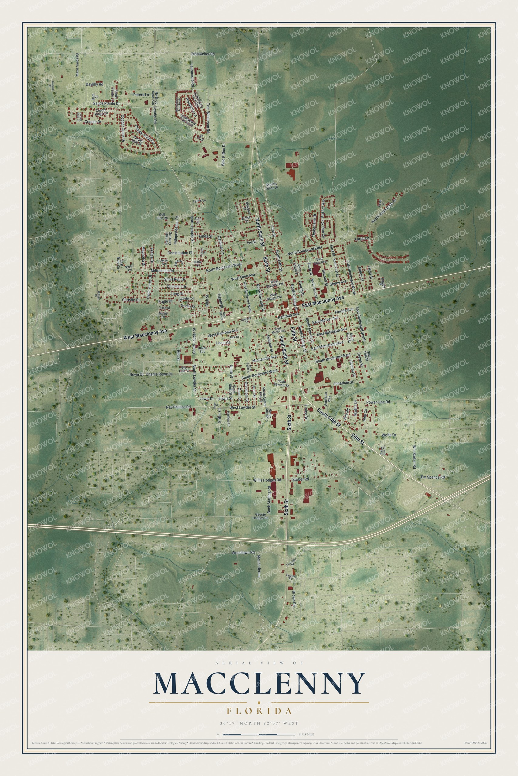Map of Macclenny, Florida, with Macclenny Avenue, Fifth Street and Sixth Street
