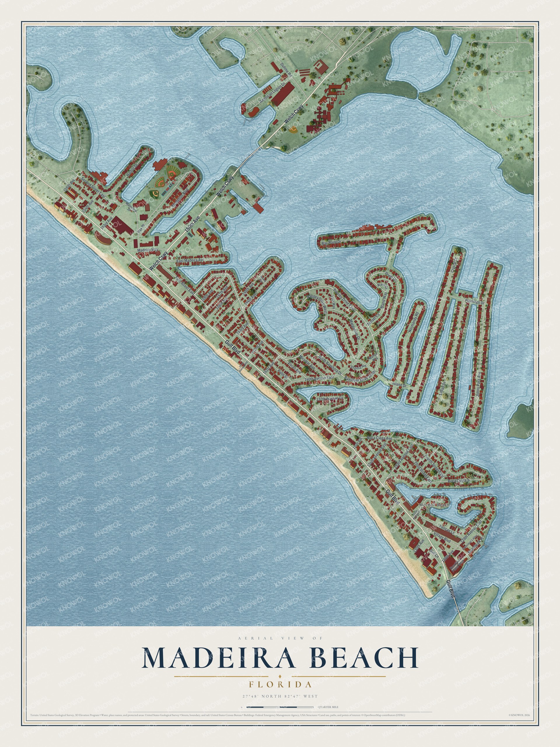 Map of Madeira Beach, Florida, with Gulf Boulevard, Welch Causeway and Mitchell Beach