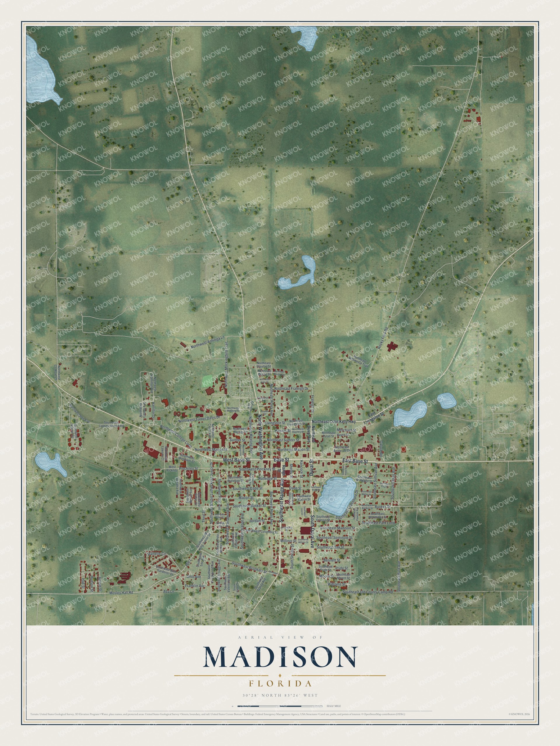 Map of Madison, Florida, with Base Street, Range Avenue and Oak Ridge Cemetery