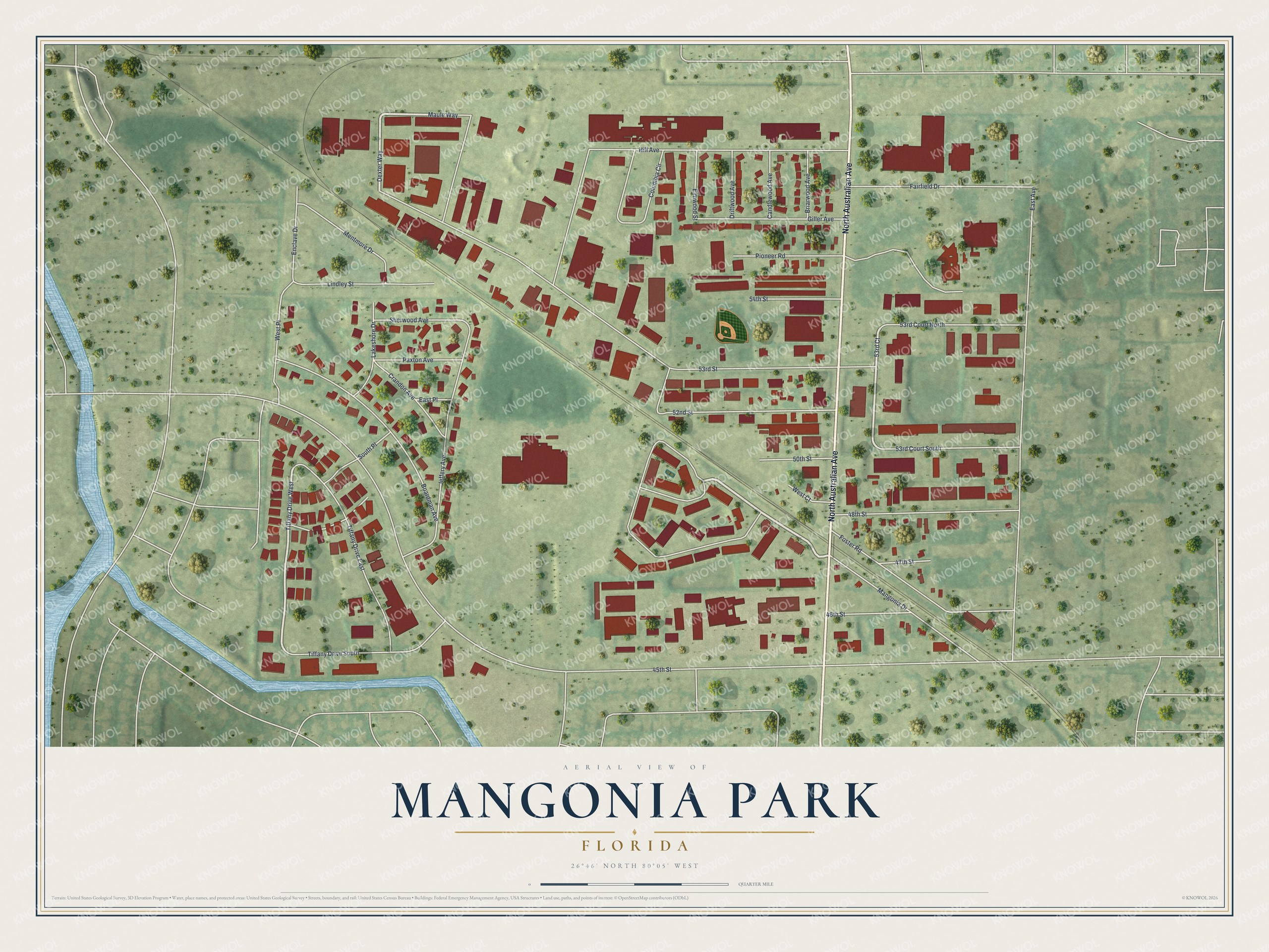 Map of Mangonia Park, Florida, with Australian Avenue, Tiffany Drive and 45th Street