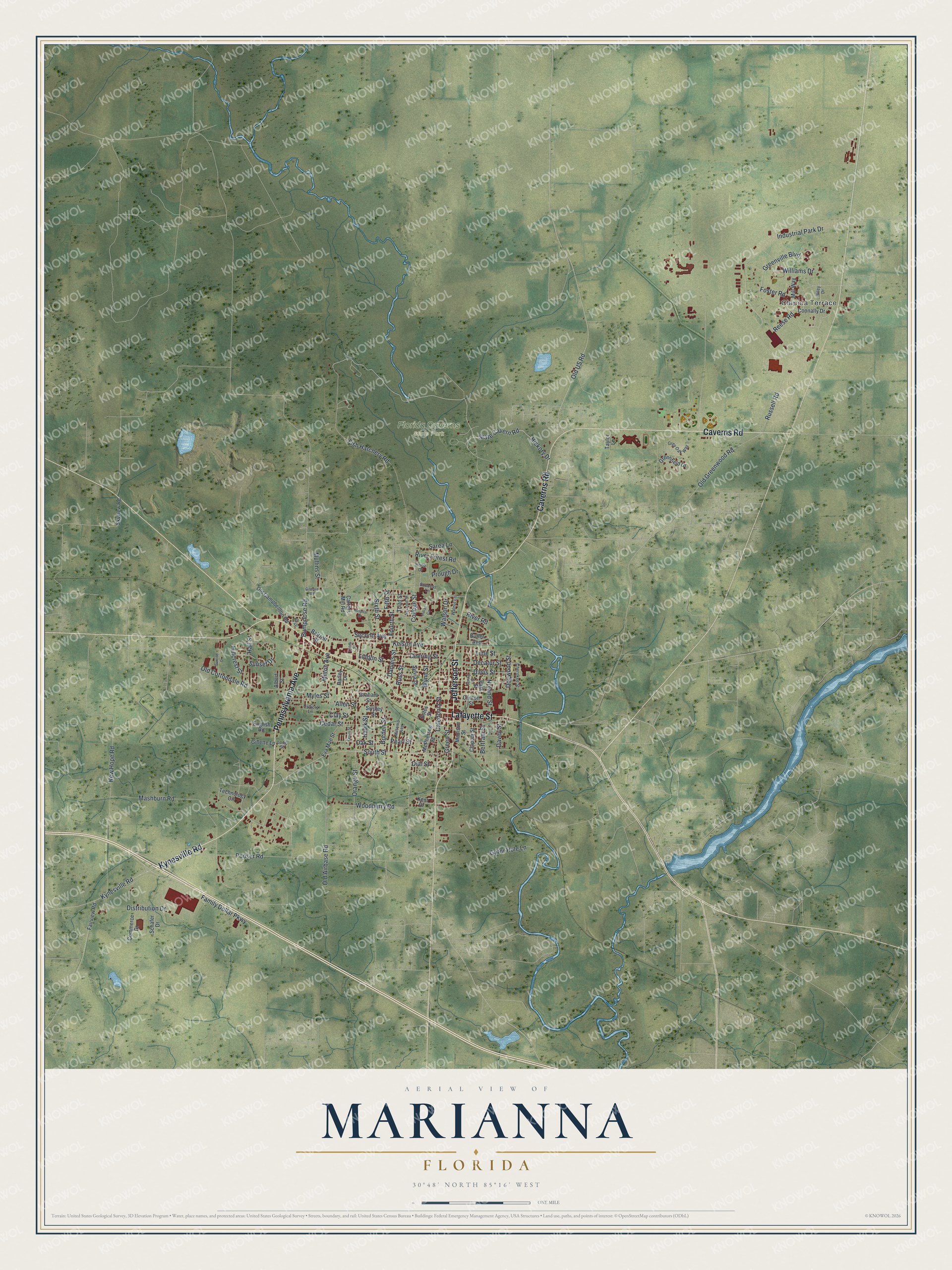Map of Marianna, Florida, with Lafayette Street, Pennsylvania Avenue and Florida Caverns State Park