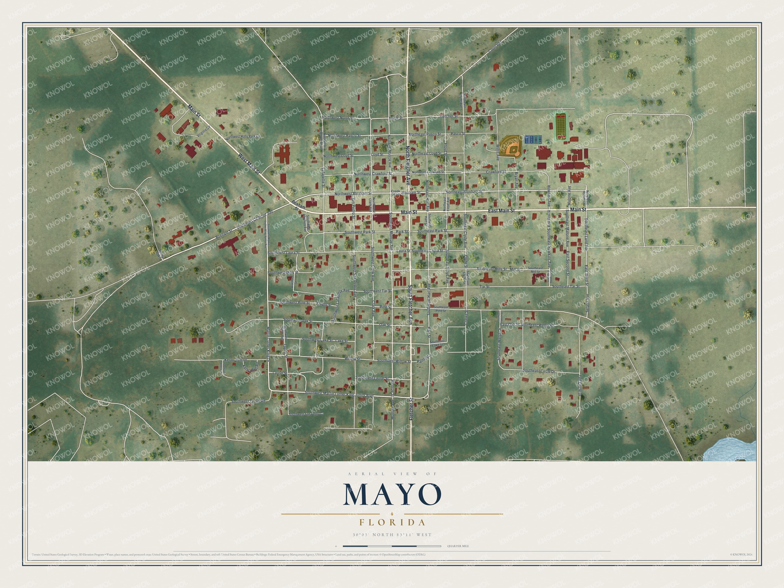 Map of Mayo, Florida, with Main Street, Fletcher Avenue and Bloxham Street